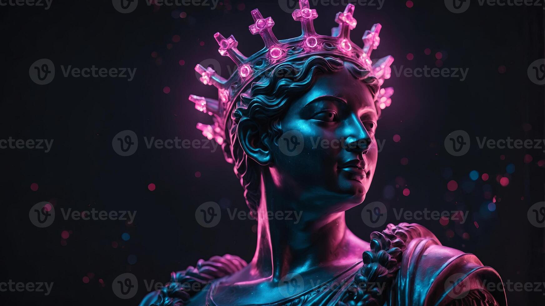 Neon-lit classical statue with a glowing crown. photo