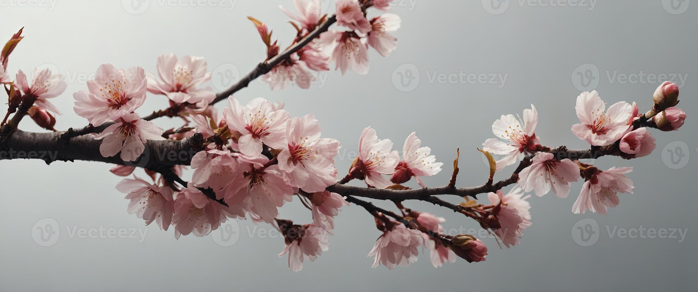 Minimalist frame with a single branch of cherry blossoms. photo