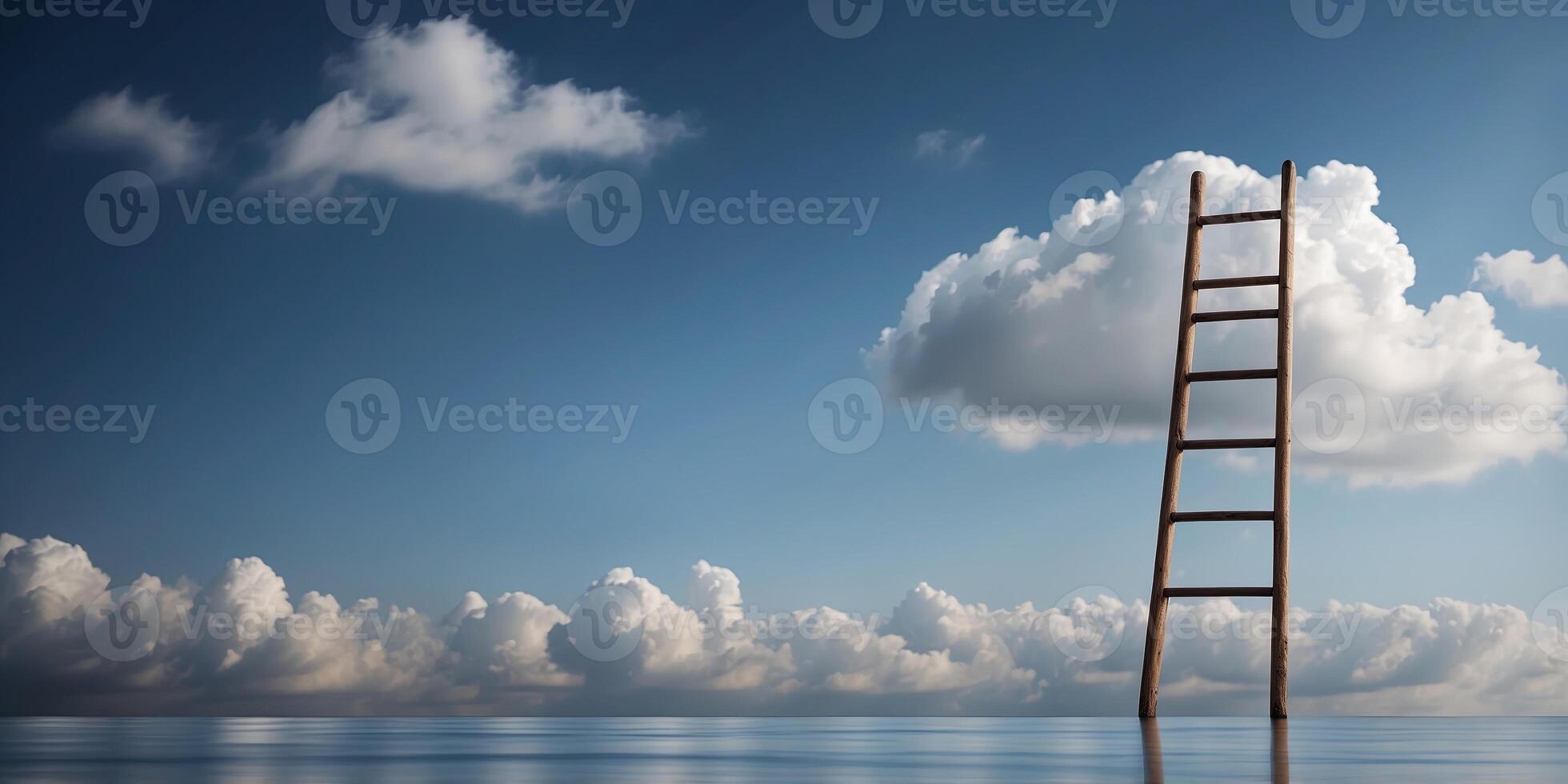 Ladder reaching a floating cloud on a blue gradient background. photo