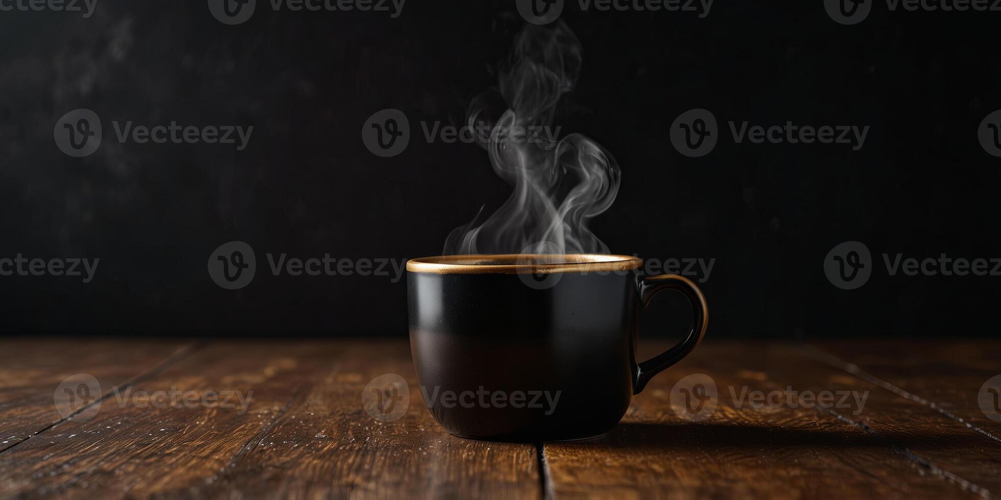 Steaming golden color coffee cup on black background and wooden floor Copy space. photo