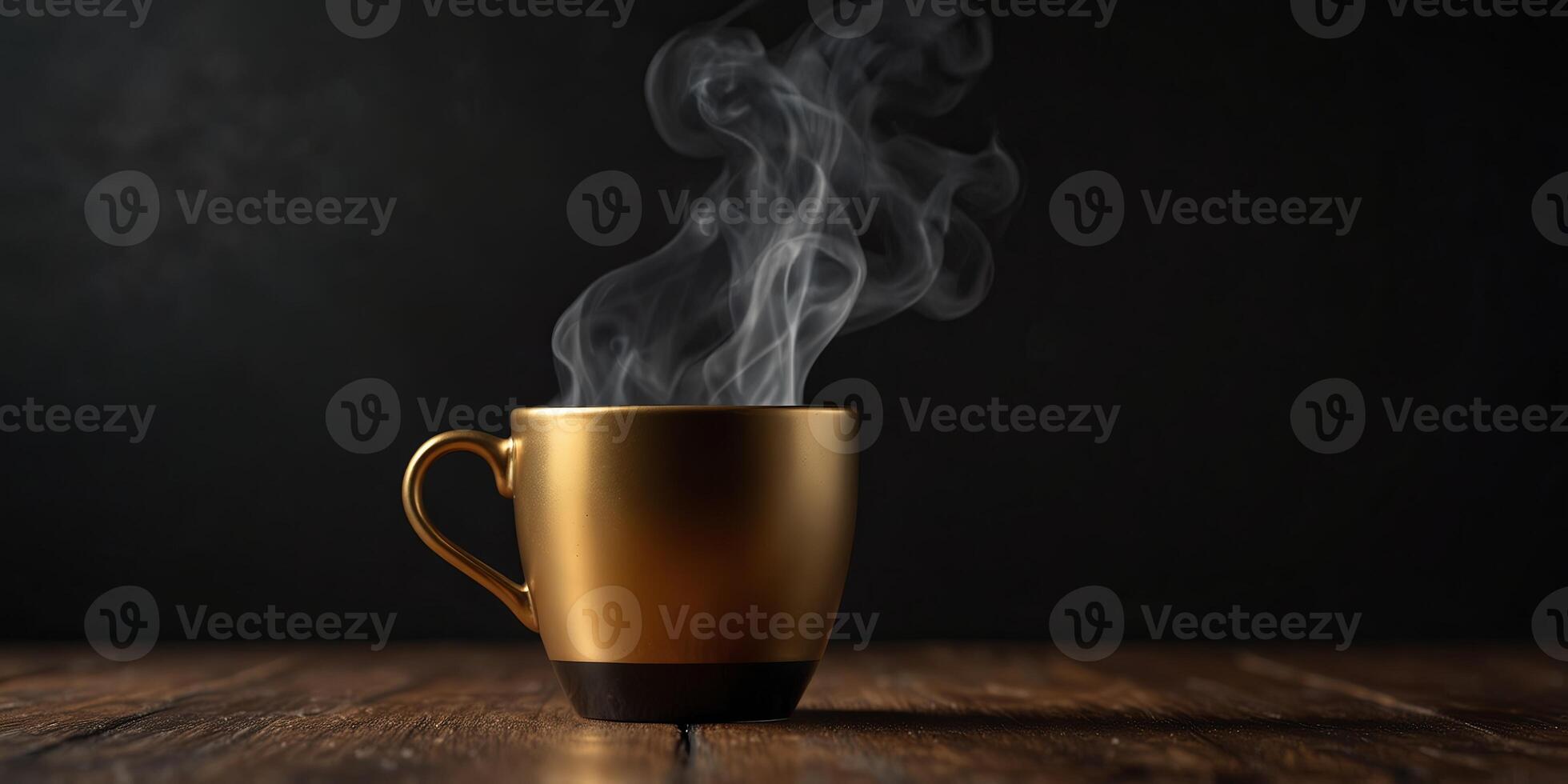 Steaming golden color coffee cup on black background and wooden floor Copy space. photo