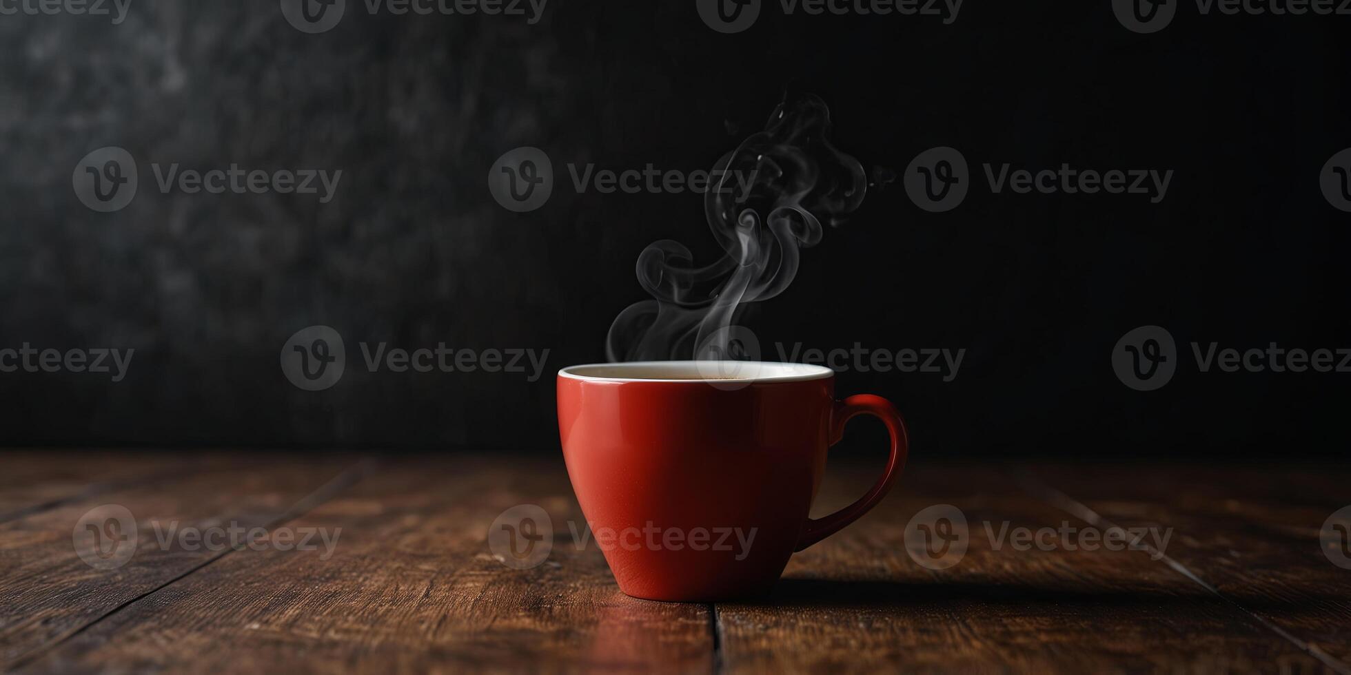 Steaming red color coffee cup on black background and wooden floor Copy space. photo