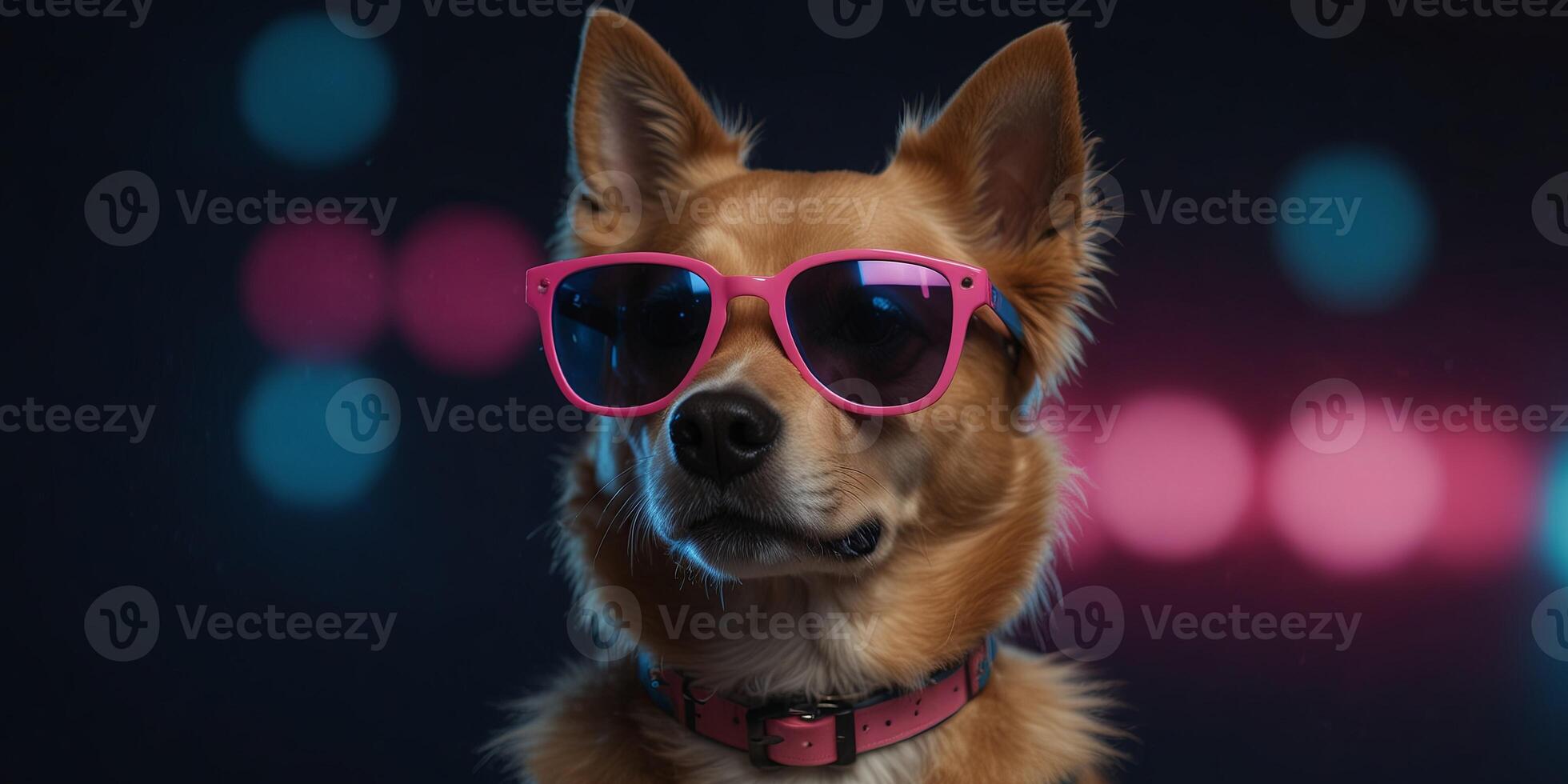 Stylish dog wearing sunglasses with neon blue and pink lights. photo