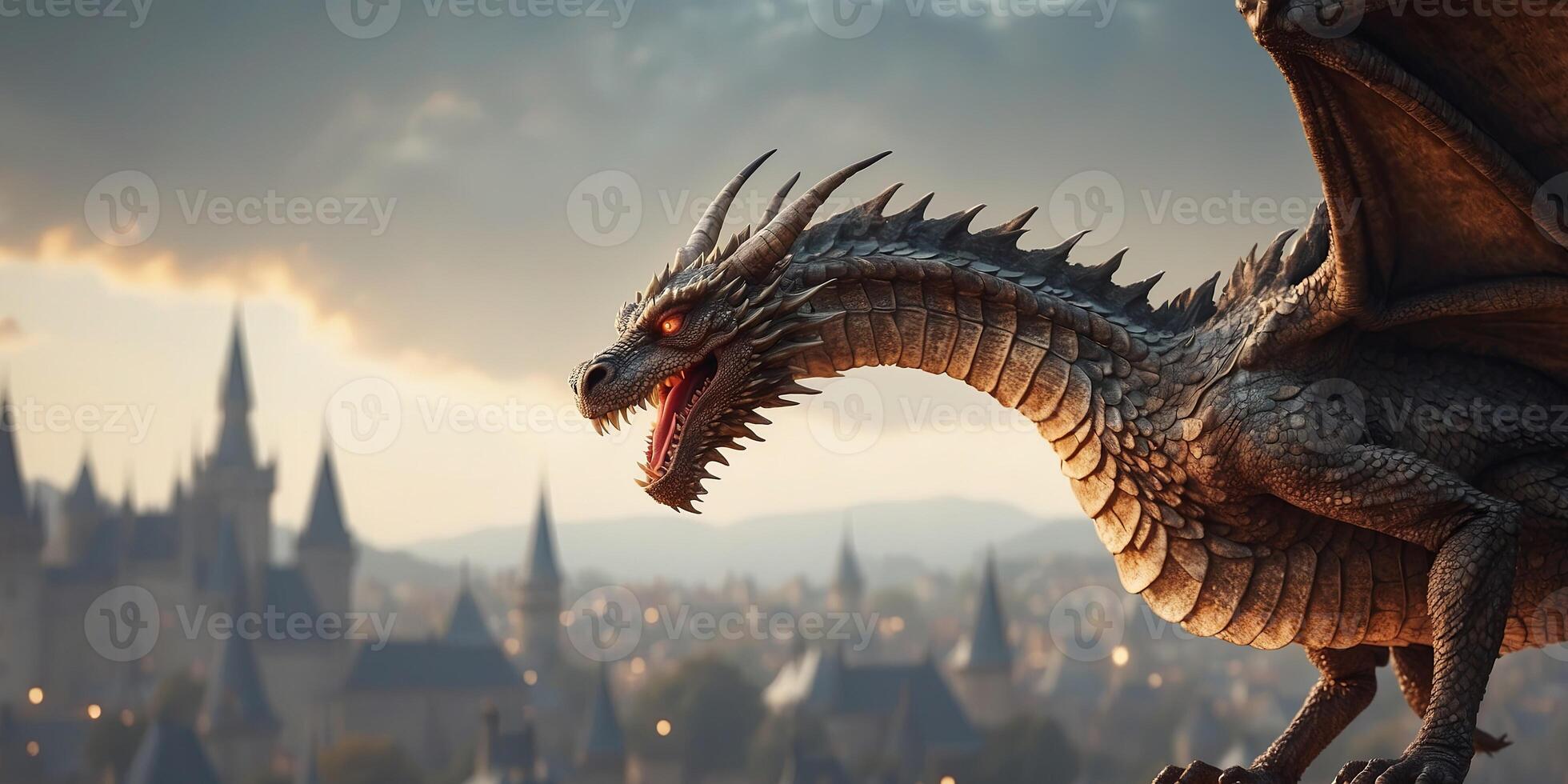 Fantasy dragon flying over medieval city with castle enchanting adventure and epic tale of power and mystery. photo