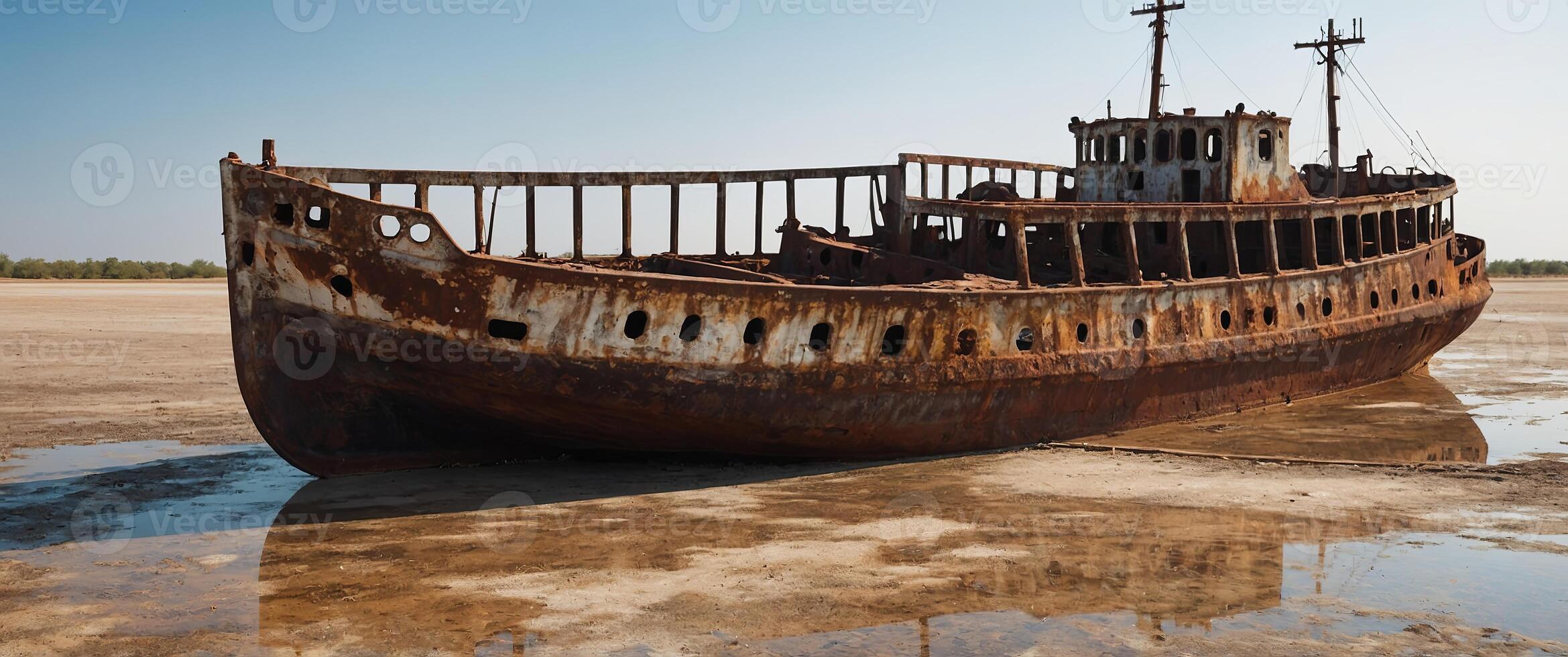 A rusty abandoned ship sits on a dry lakebed. photo