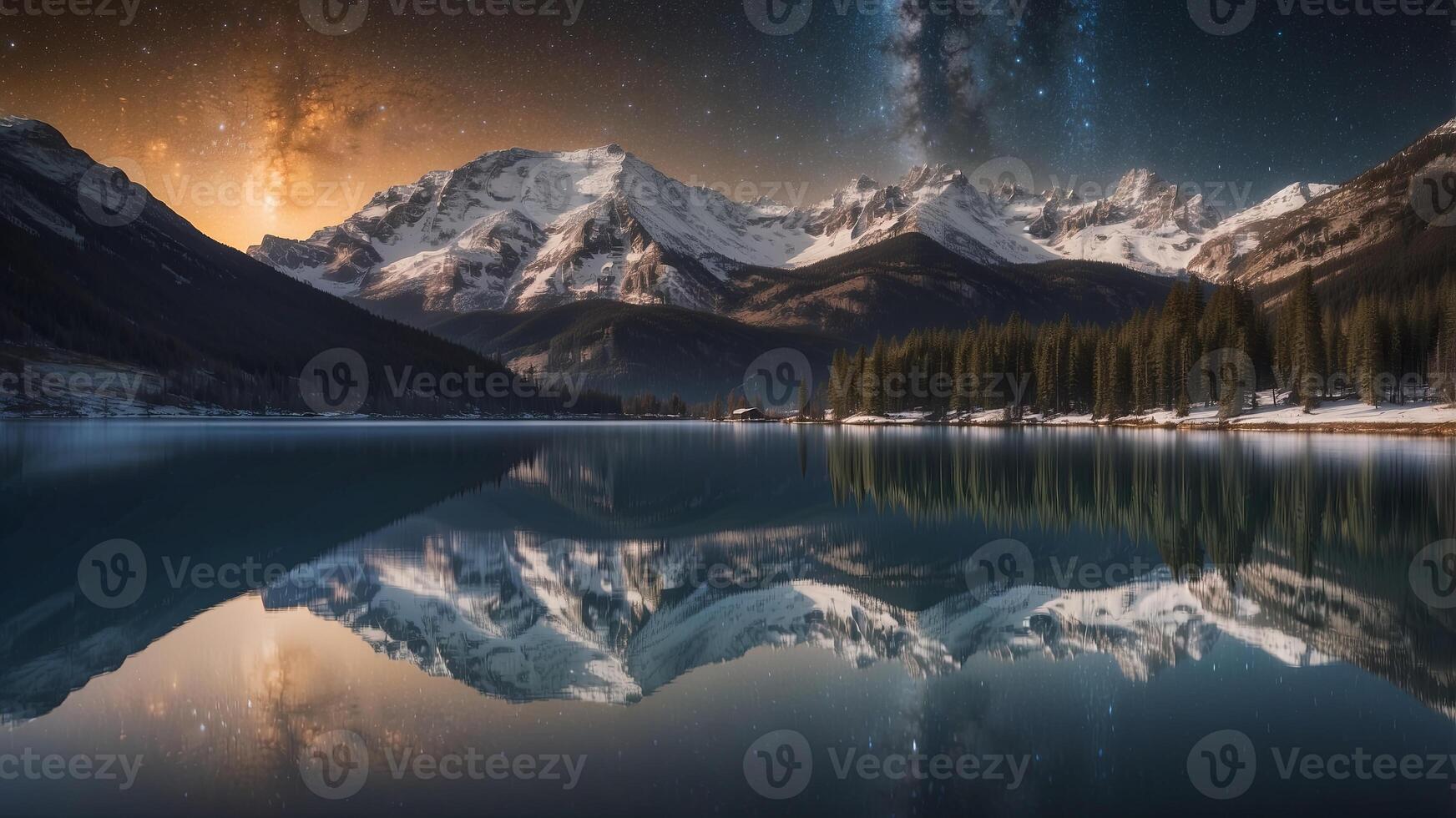 Magnificent Milky Way Reflected in Serene Alpine Lake Beneath Towering Snowy Peaks. photo