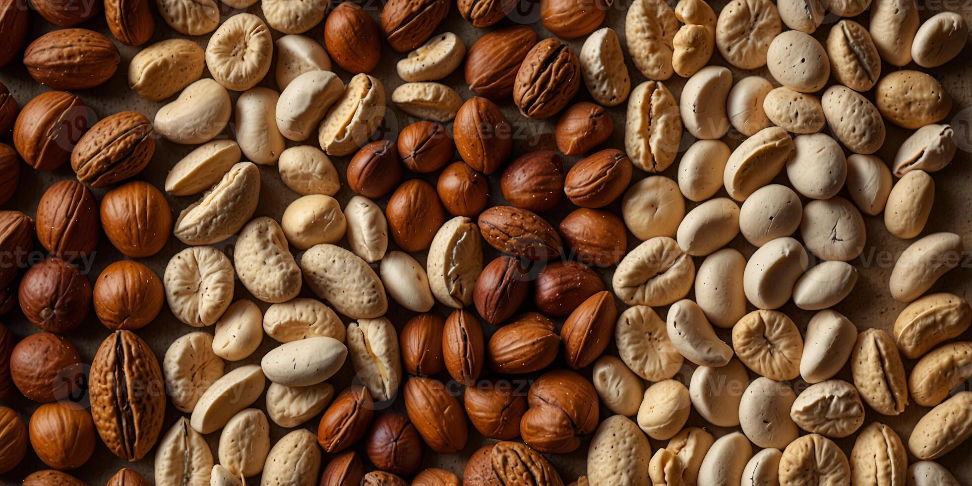 Variety of mixed nuts on beige background, arranged in rows Healthy eating and nutrition concept. photo