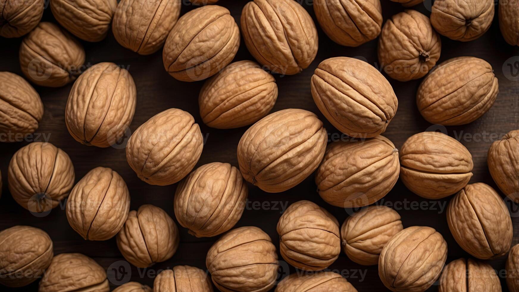 Top view of wood background with fresh walnuts. photo
