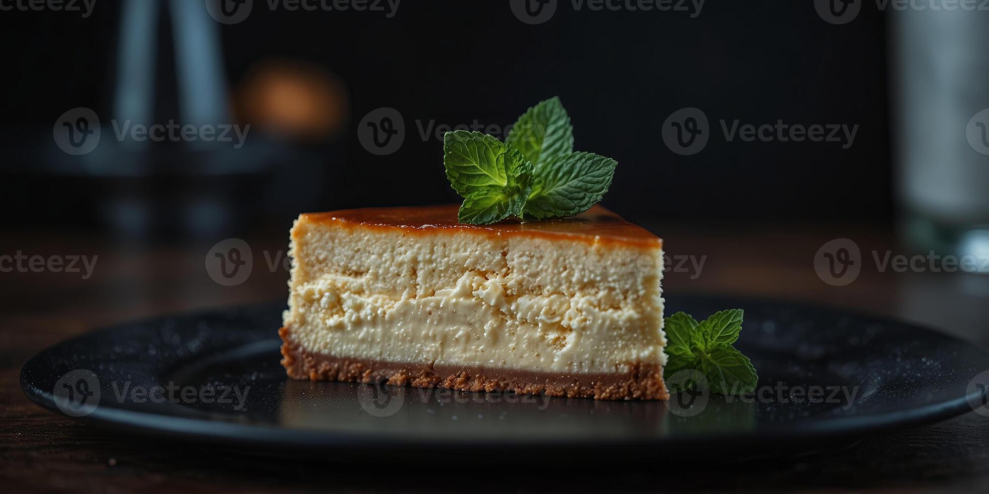 Slice of classic cheesecake with mint garnish on black plate, close-up view Dessert and culinary concept. photo