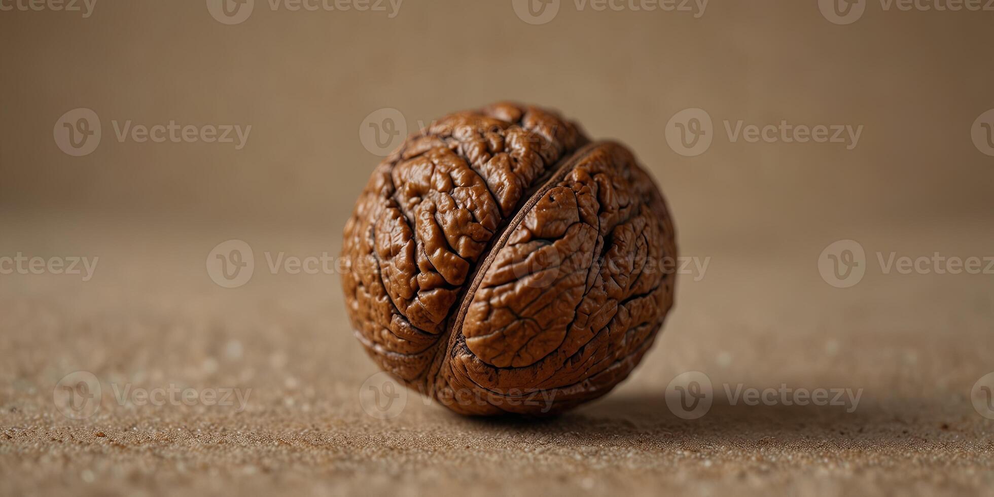 Single walnut on beige background, close-up view Minimalist food concept. photo