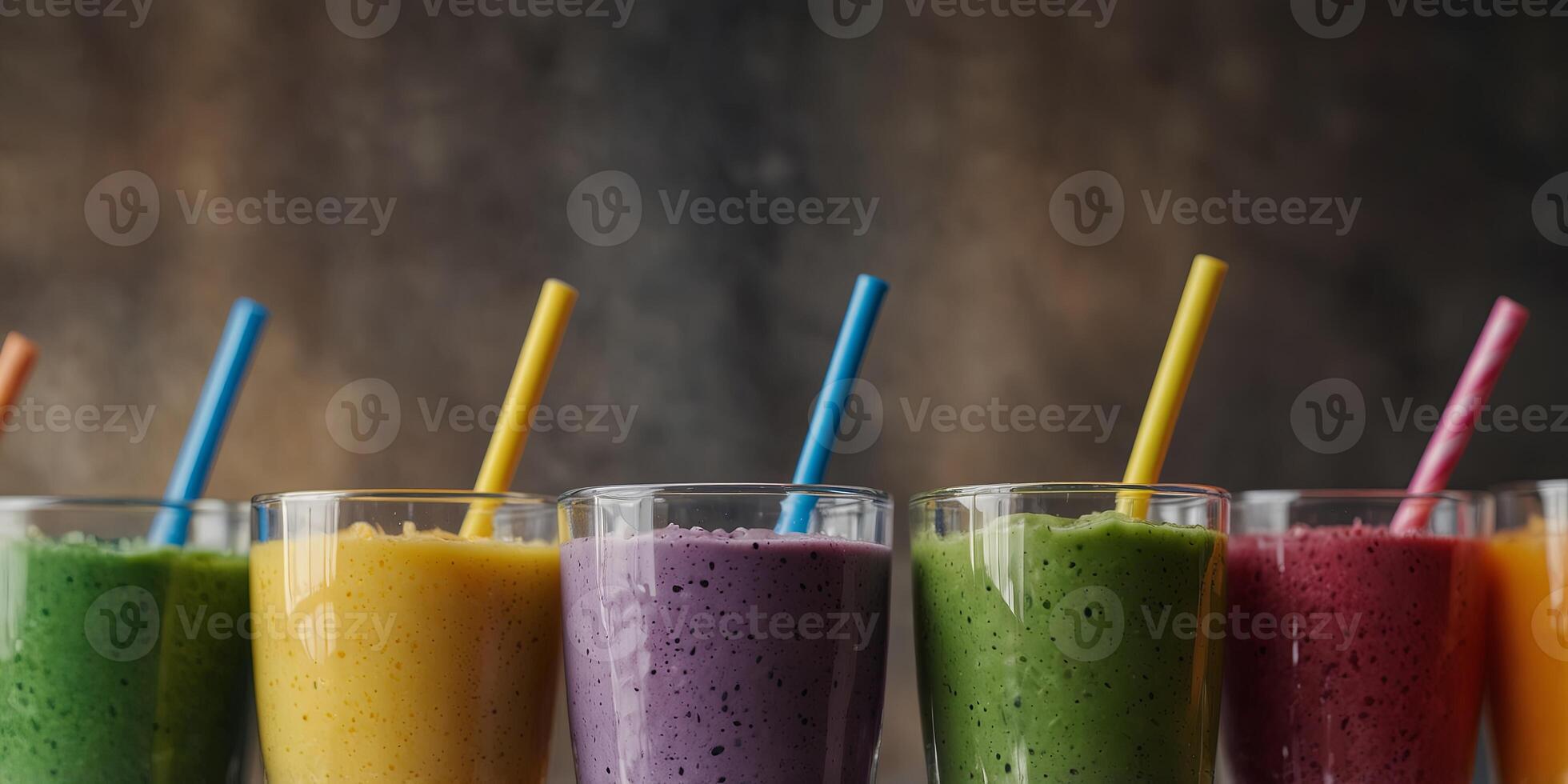 Row of glasses filled with different colored smoothie. photo