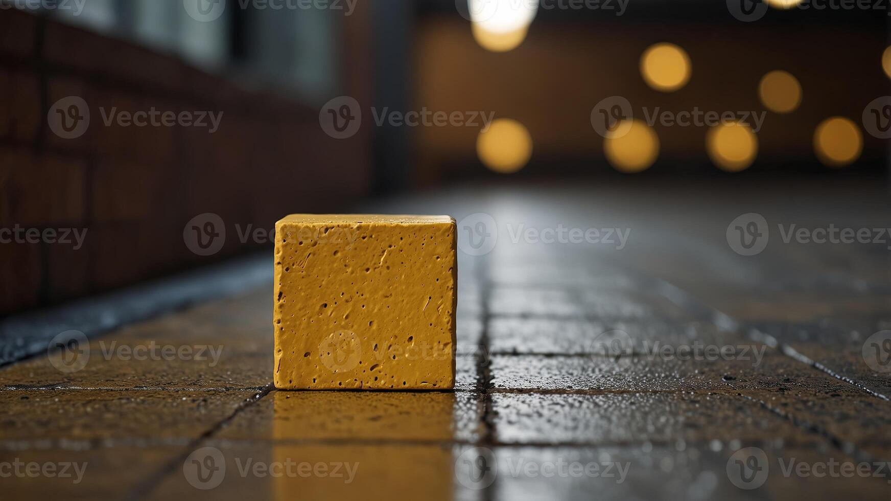 Selective focus on a yellow rectangular brick with a blurred background leading to a vanishing point serving as a product background with copy space image. photo