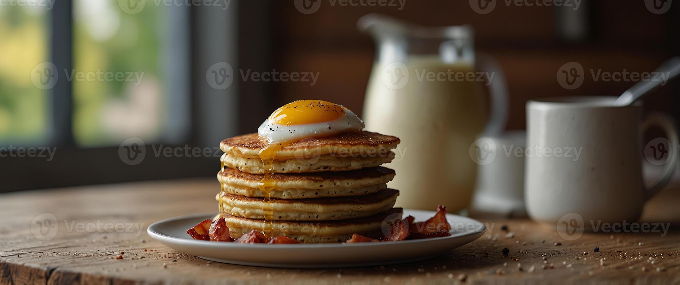 A stack of buckwheat flour pancakes served with a side of crispy bacon and eggs sunny side up. photo
