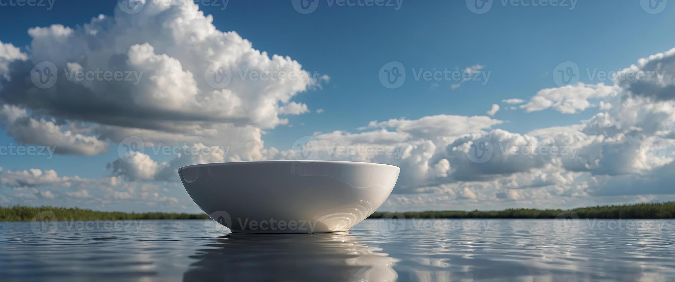 A single, minimalist white dish floats serenely in an expansive and reflective water landscape under a bright, blue sky dotted with fluffy white clouds. photo