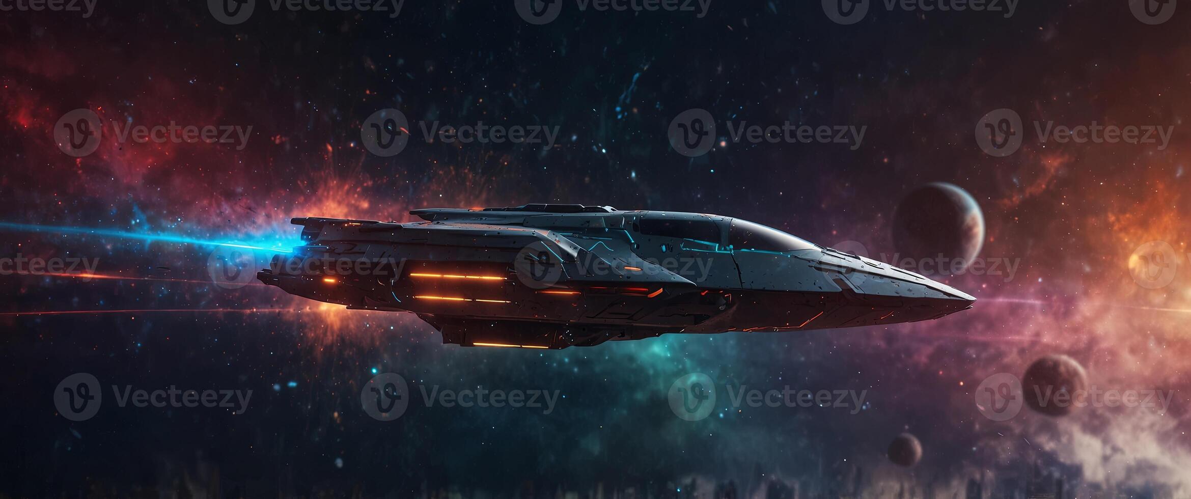 Futuristic sponeceship troneveling through one colorful nebulone. photo