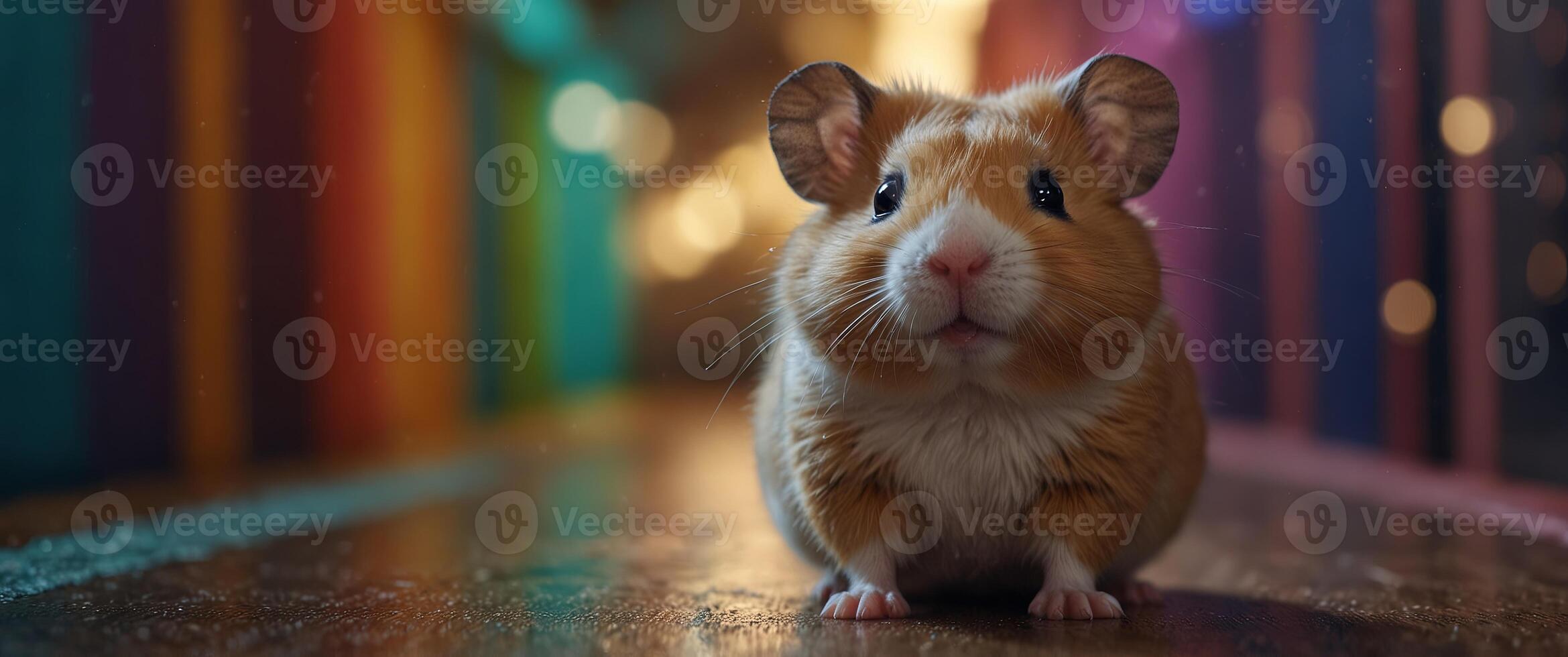 A cute hamster wearing a bow tie is standing in a colorful tunnel. photo
