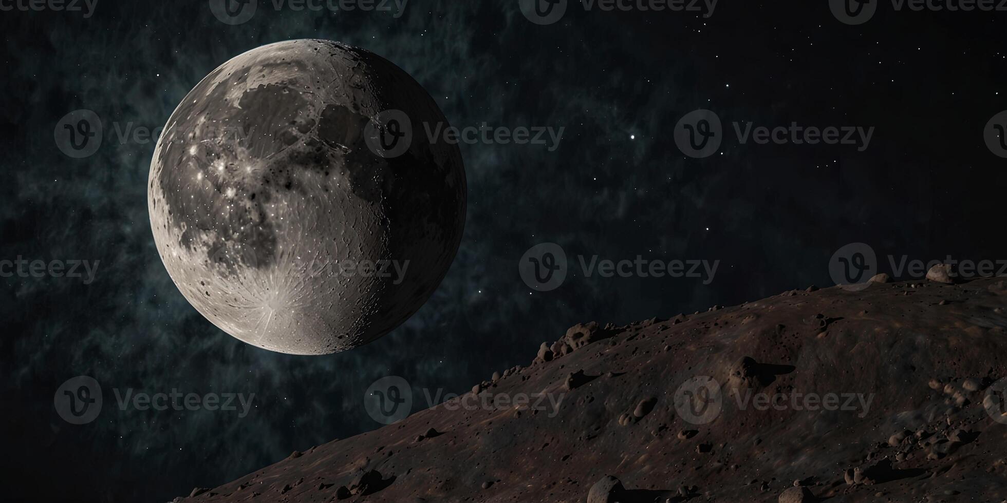 Visible craters on crescent moon with empty space on side. photo