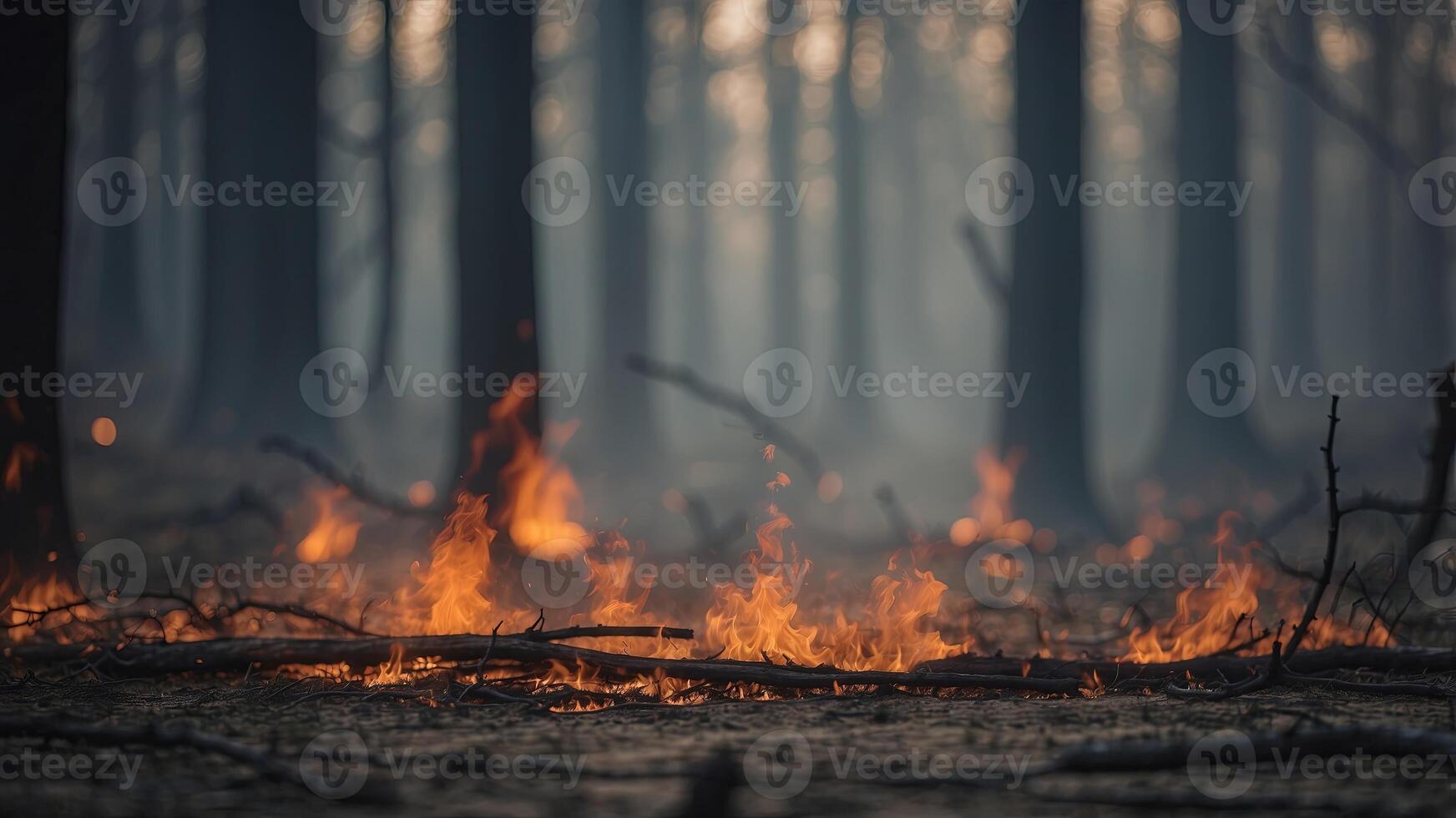 Charred forest landscape with lingering smoke after wildfire. photo