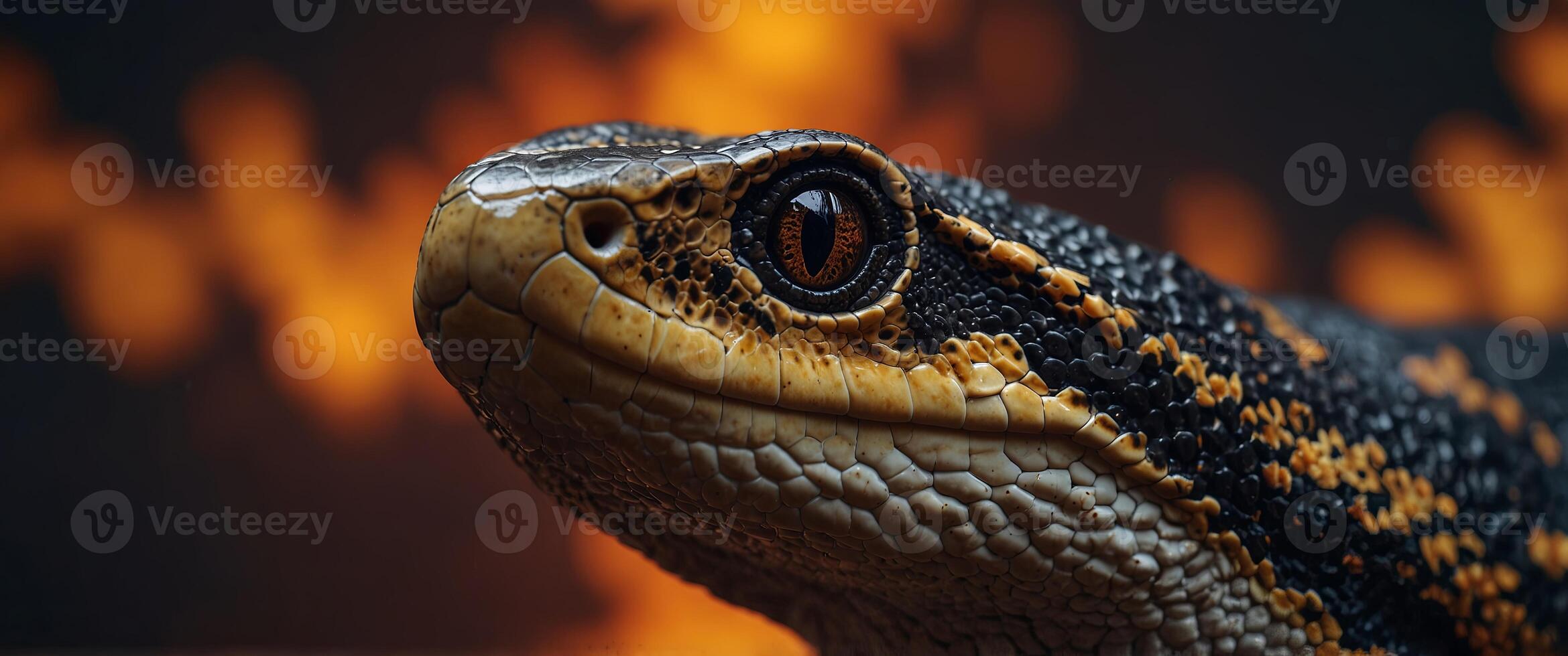 Python Snake with Scales Glowing Amidst Flames. photo