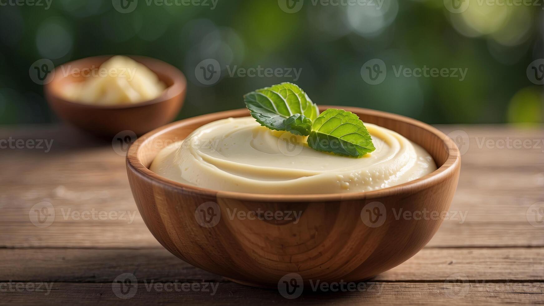 Wooden bowl of creamy pudding on rustic wooden surface, with leafy green background. photo