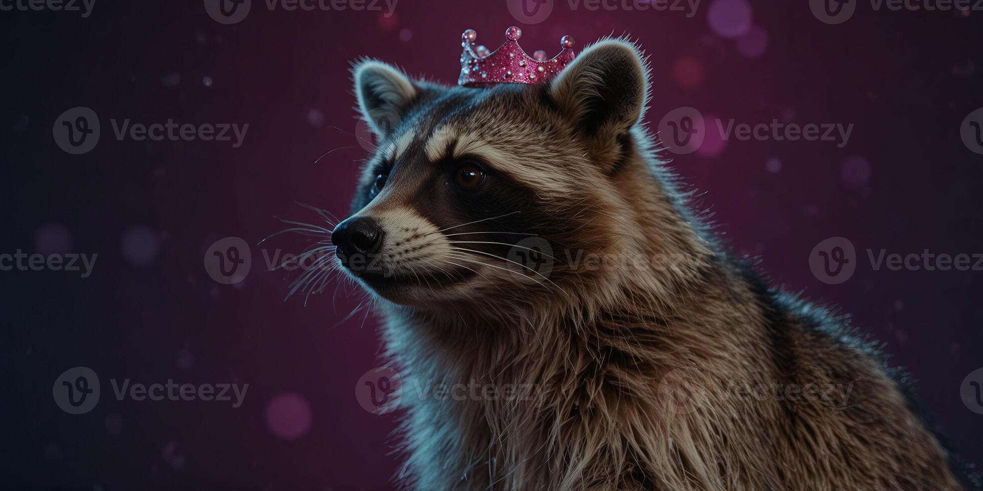 Raccoon with bubble gum and crown in neon lights. photo