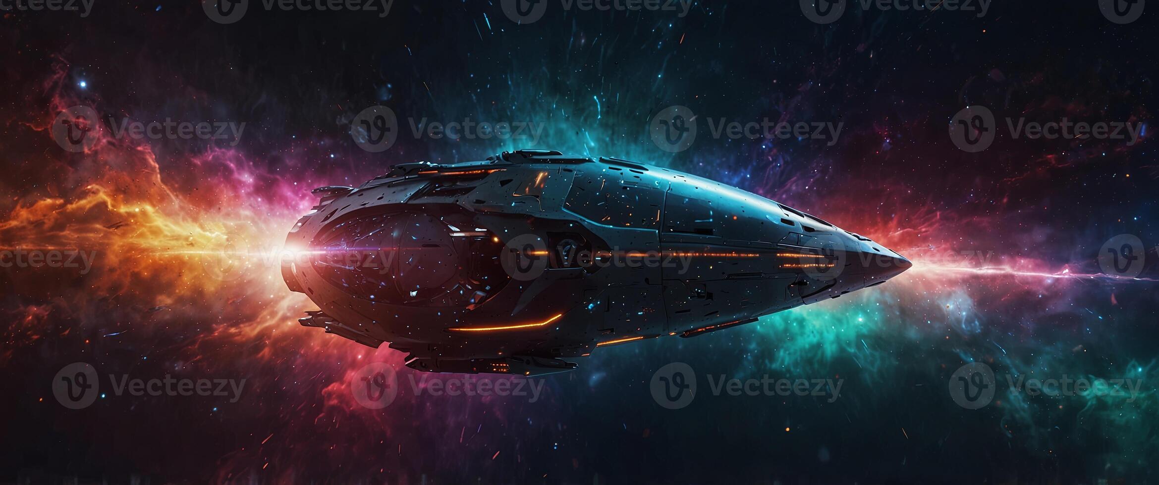 Futuristic sponeceship troneveling through one colorful nebulone. photo