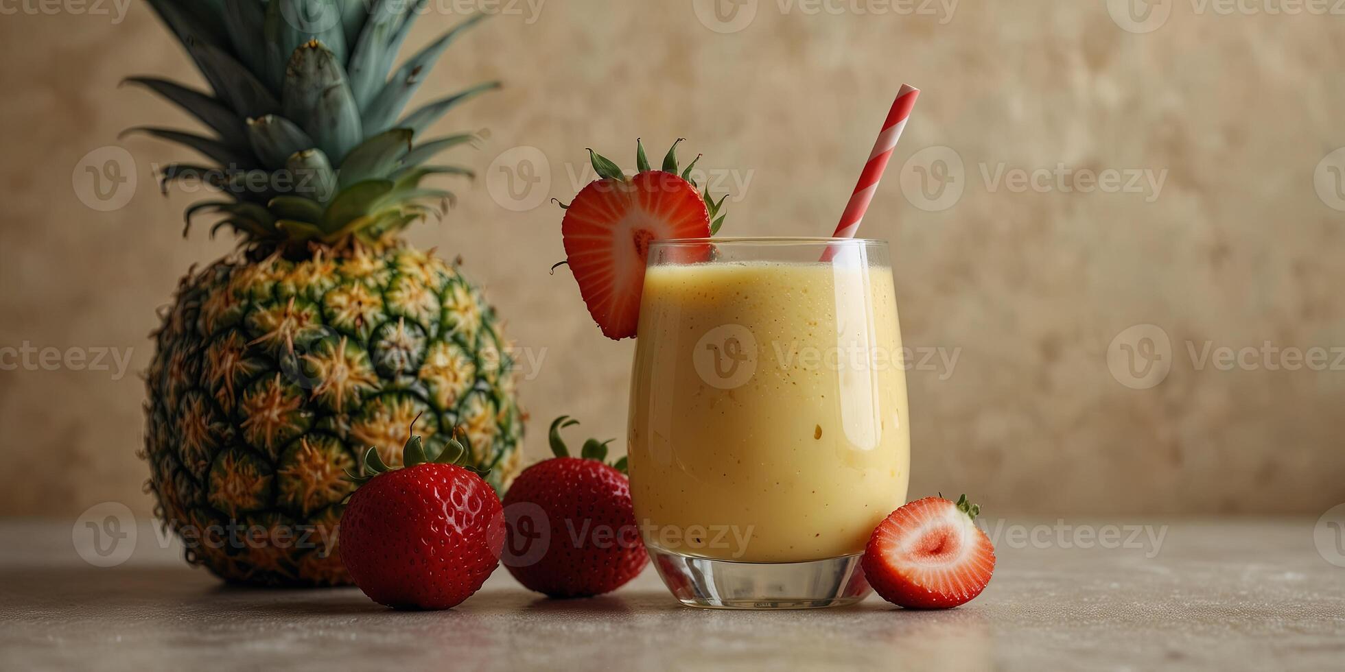 Pineapple smoothie in a glass with pineapple slice and strawberry on beige background, refreshing tropical drink concept. photo