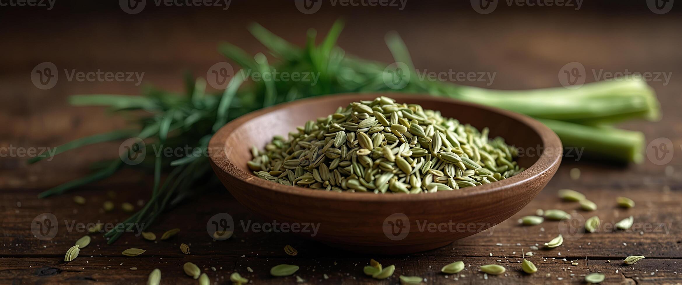 Fresh fennel seeds and leaves on a rustic table, Chinese herb, used in cooking and remedies. photo