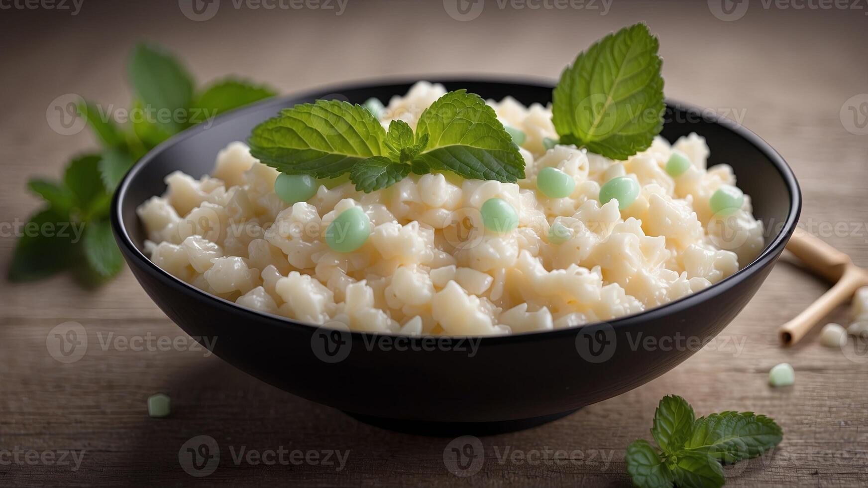 Creamy rice pudding in black bowl with mint garnish. photo