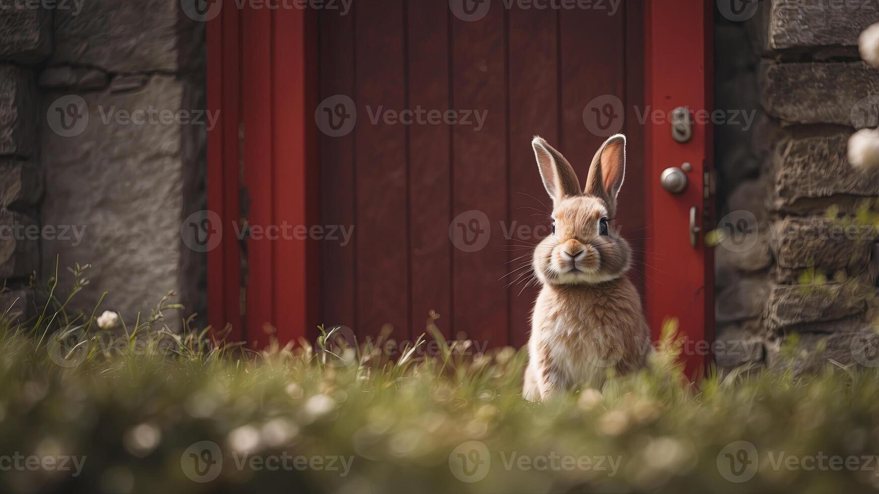 cute Easter bunny hiding behind a red door, showing only its head, furry , minimalist style. photo