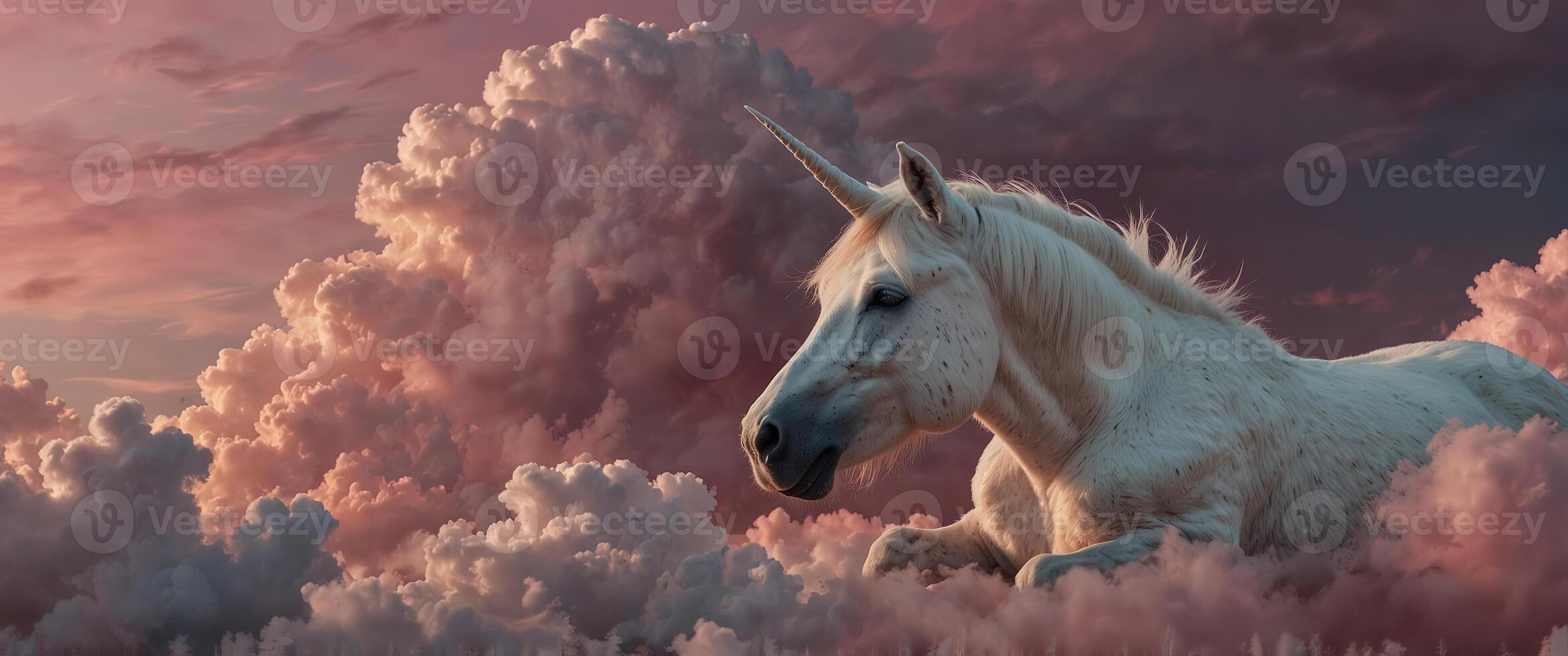 A serene image of a white unicorn sleeping peacefully amongst fluffy pink clouds, exuding calmness. photo