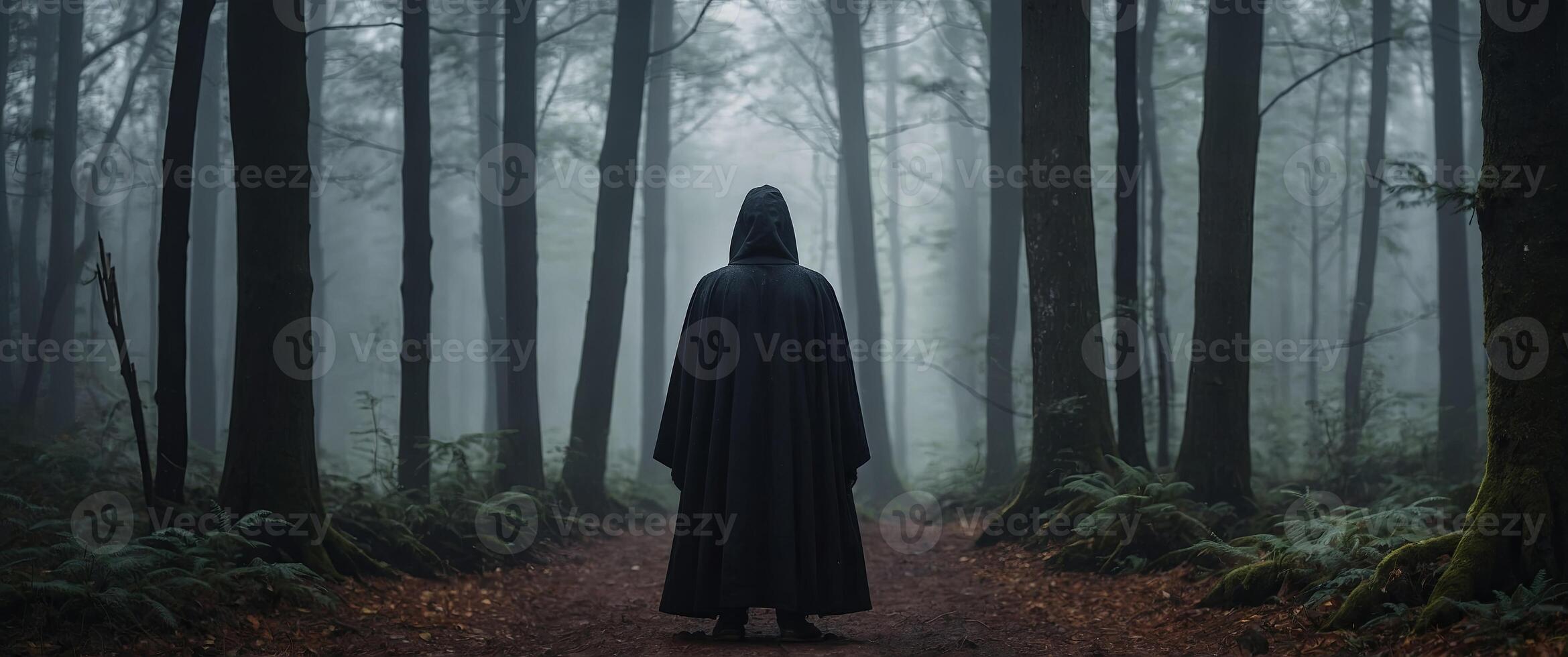 A dark figure stands in the middle of a foggy forest. photo