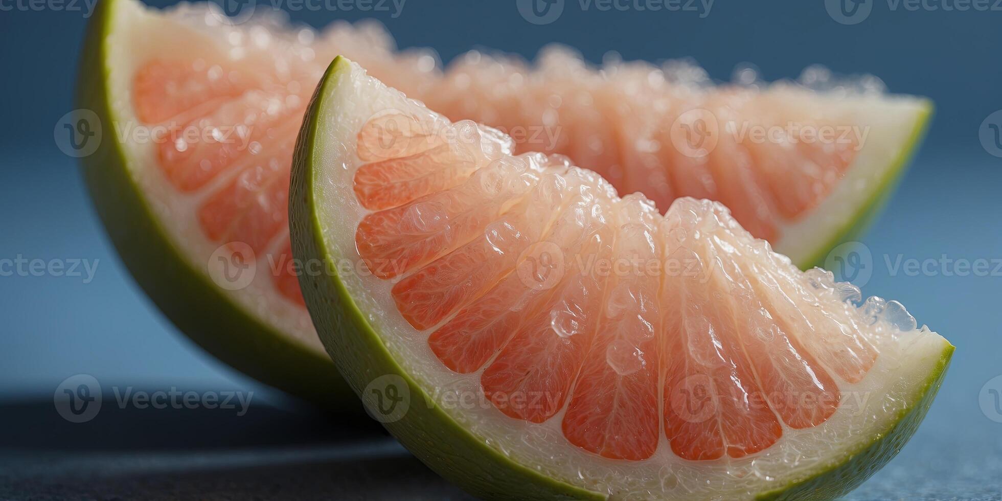 Half of a pomelo on a blue background, close-up shot Healthy eating and fresh fruit concept. photo