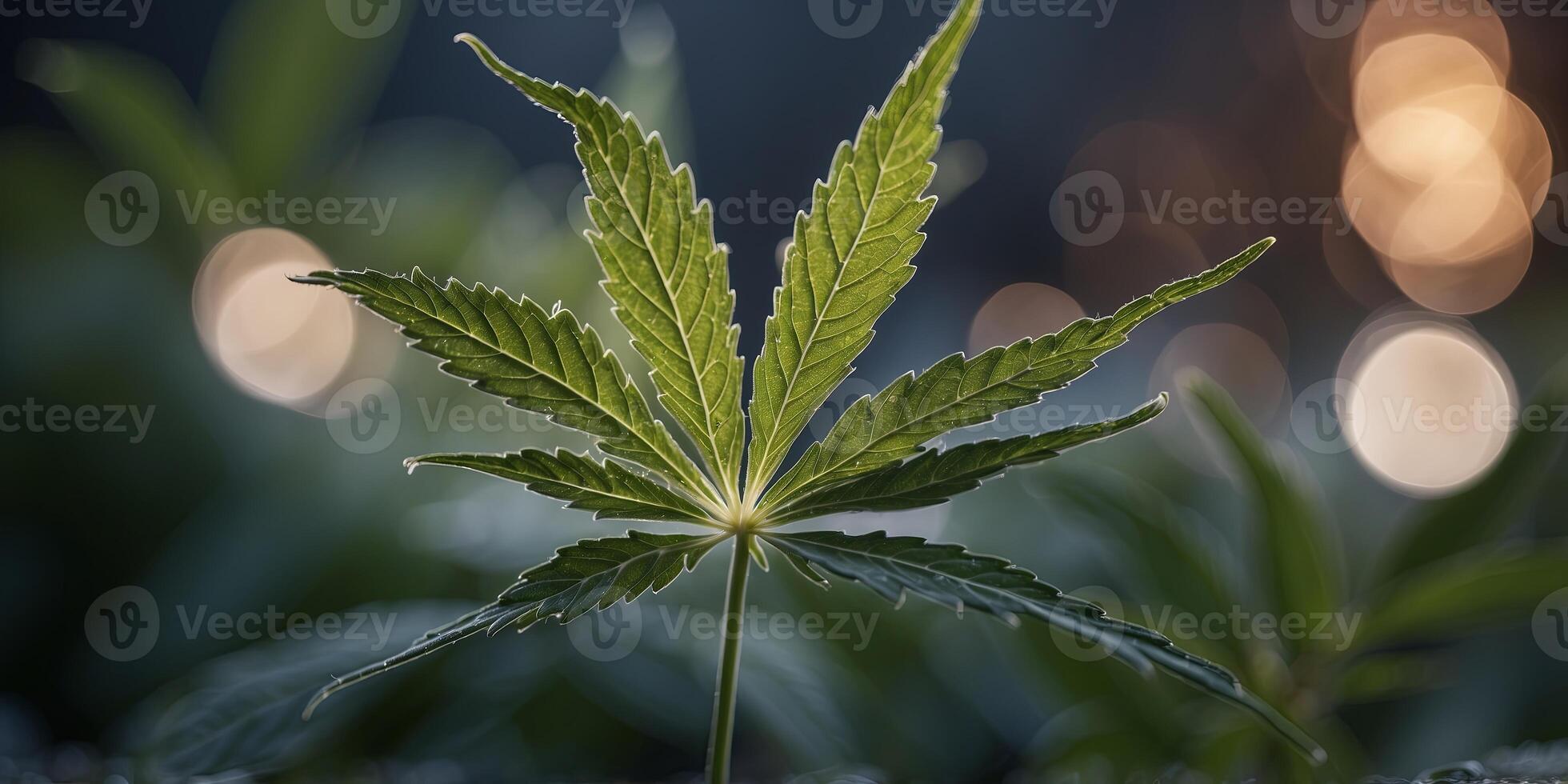 Close-up of a cannabis leaf with a digital network overlay, nature and technology concept. photo