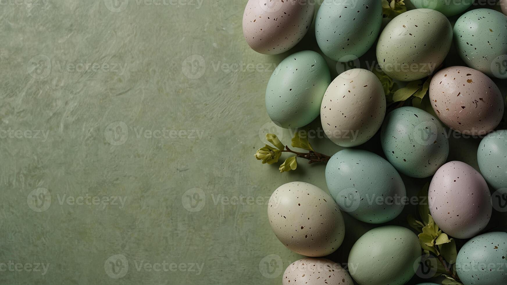 Pastel green background with Easter eggs Easter theme in soft hues Overhead view Flat composition Vibrant pastel shades. photo