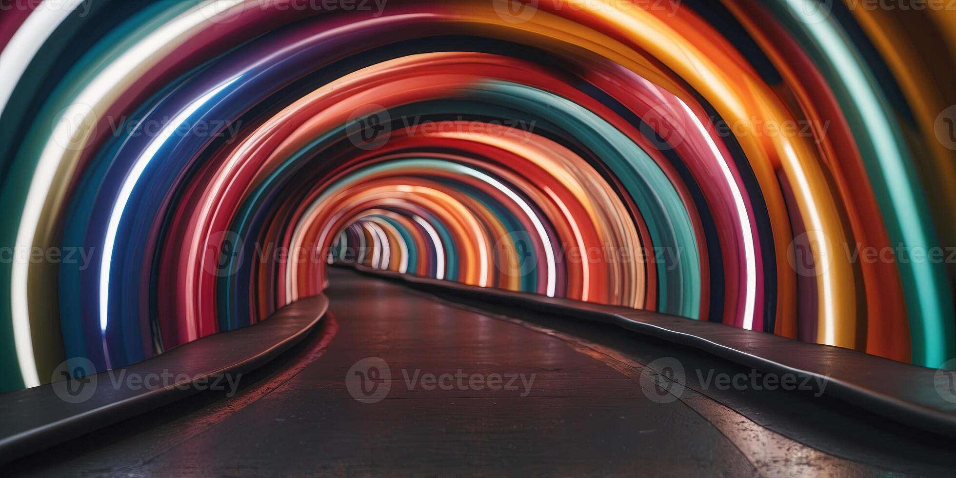 Colorful curved tunnel with vibrant stripes, abstract background Artistic modern design concept. photo