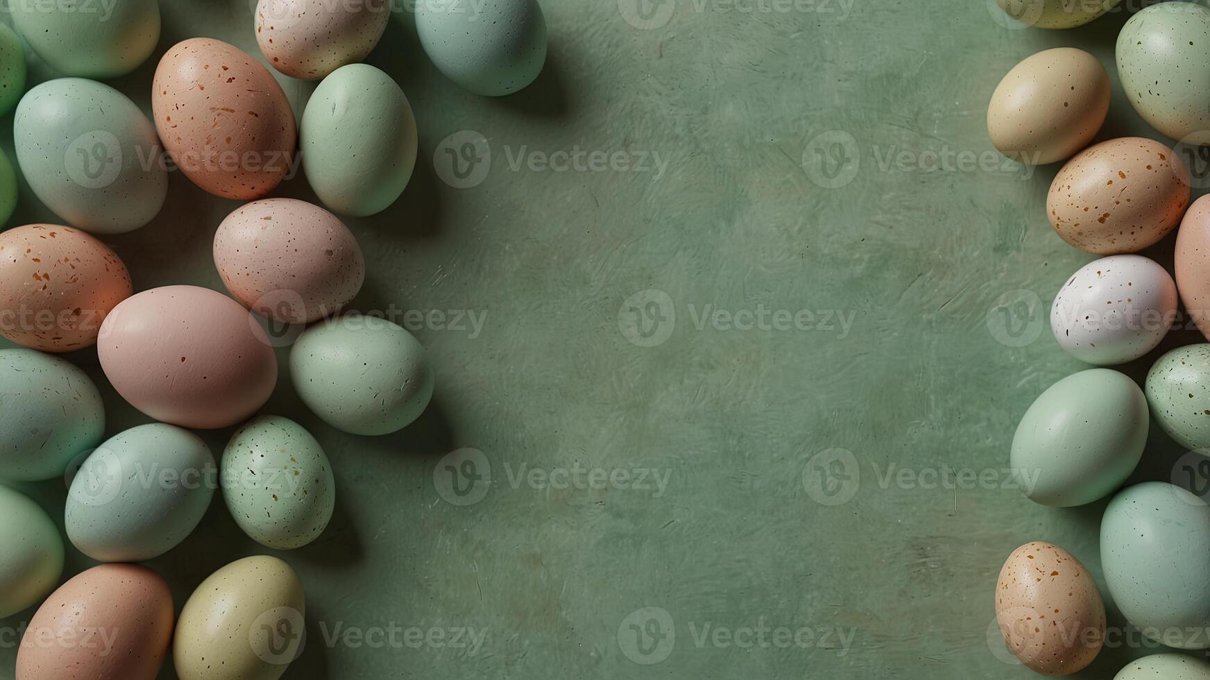 Pastel green background with Easter eggs Easter theme in soft hues Overhead view Flat composition Vibrant pastel shades. photo