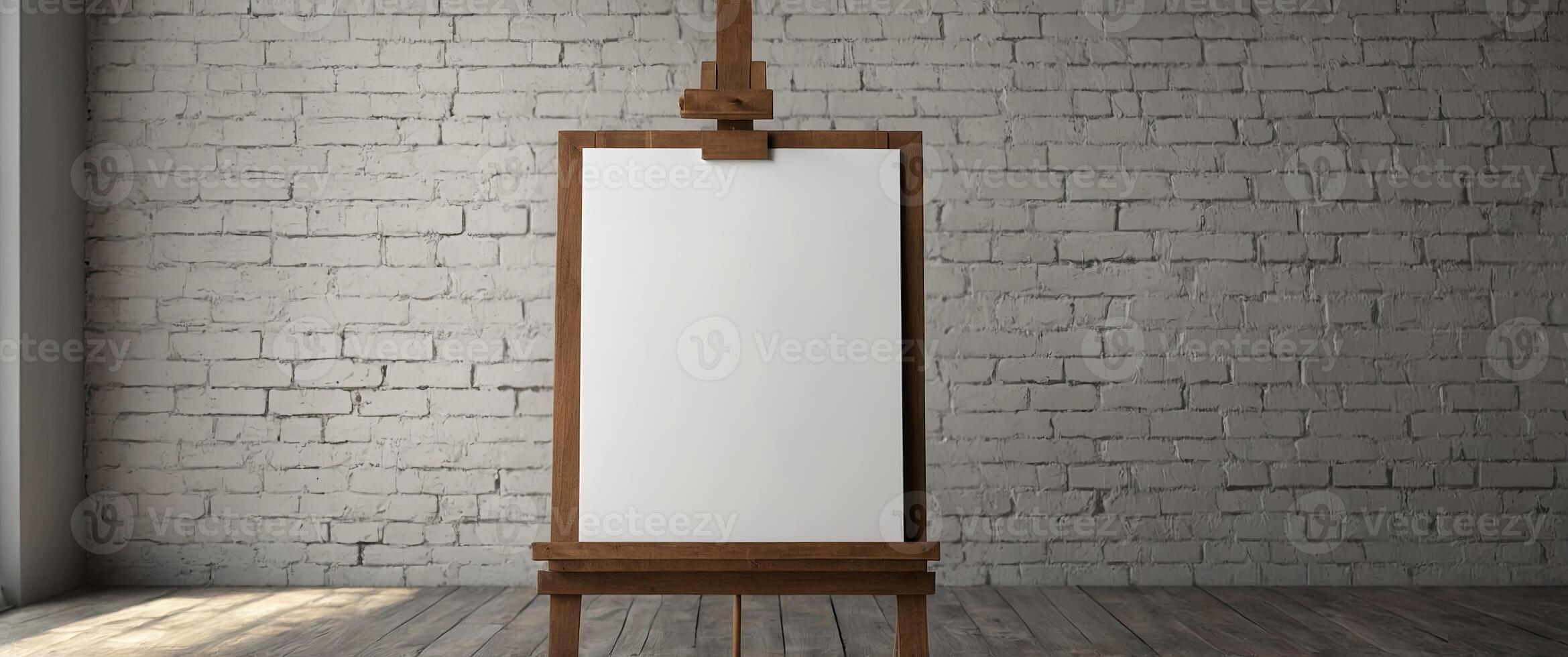 wooden easel mock up with blank canvas on white brick wall. photo