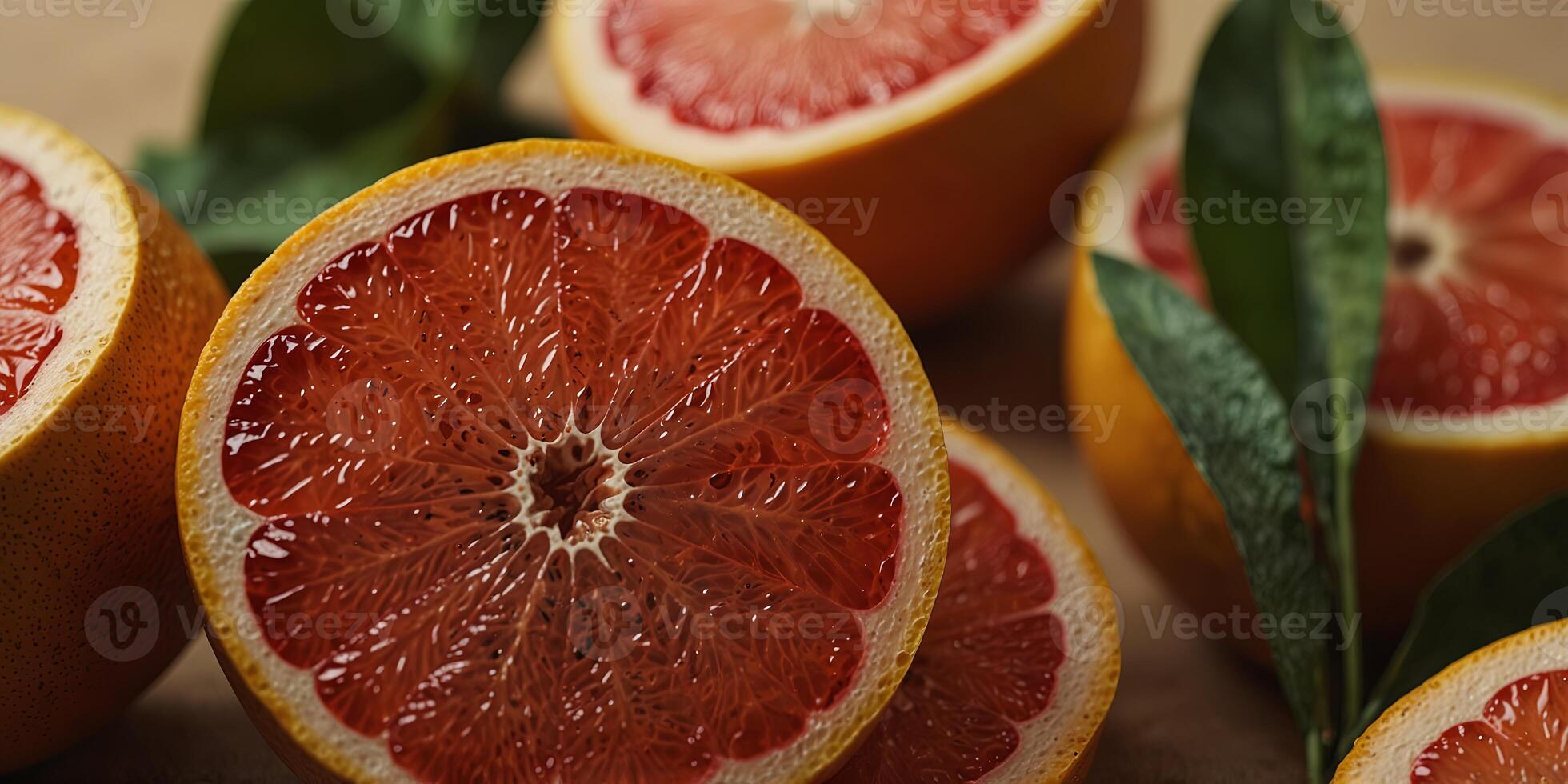 Sliced grapefruits on a beige background, close-up Fresh and healthy food concept. photo
