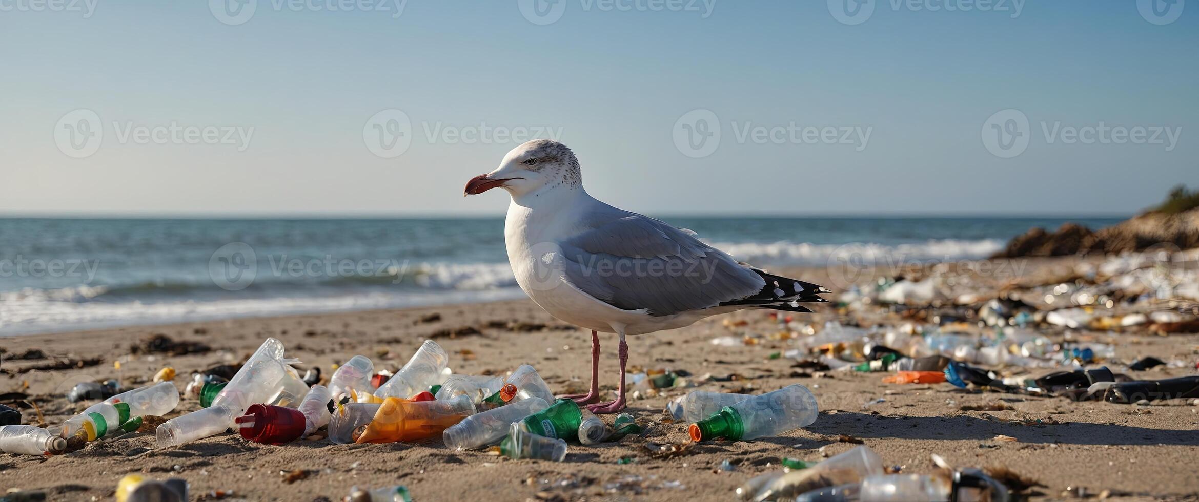 A seagull stands on a beach littered with plastic bottles and other trash. photo