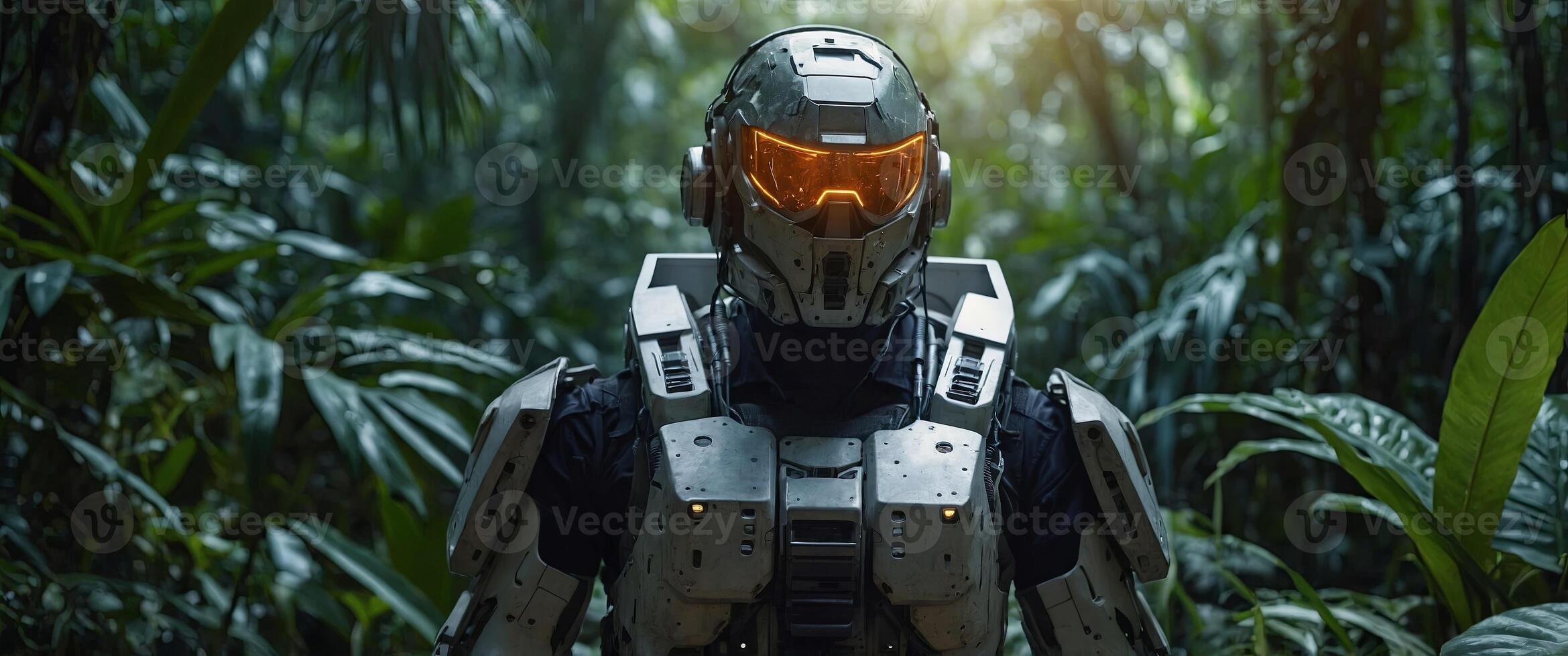 A soldier wearing a robotic suit stands in the middle of a jungle. photo