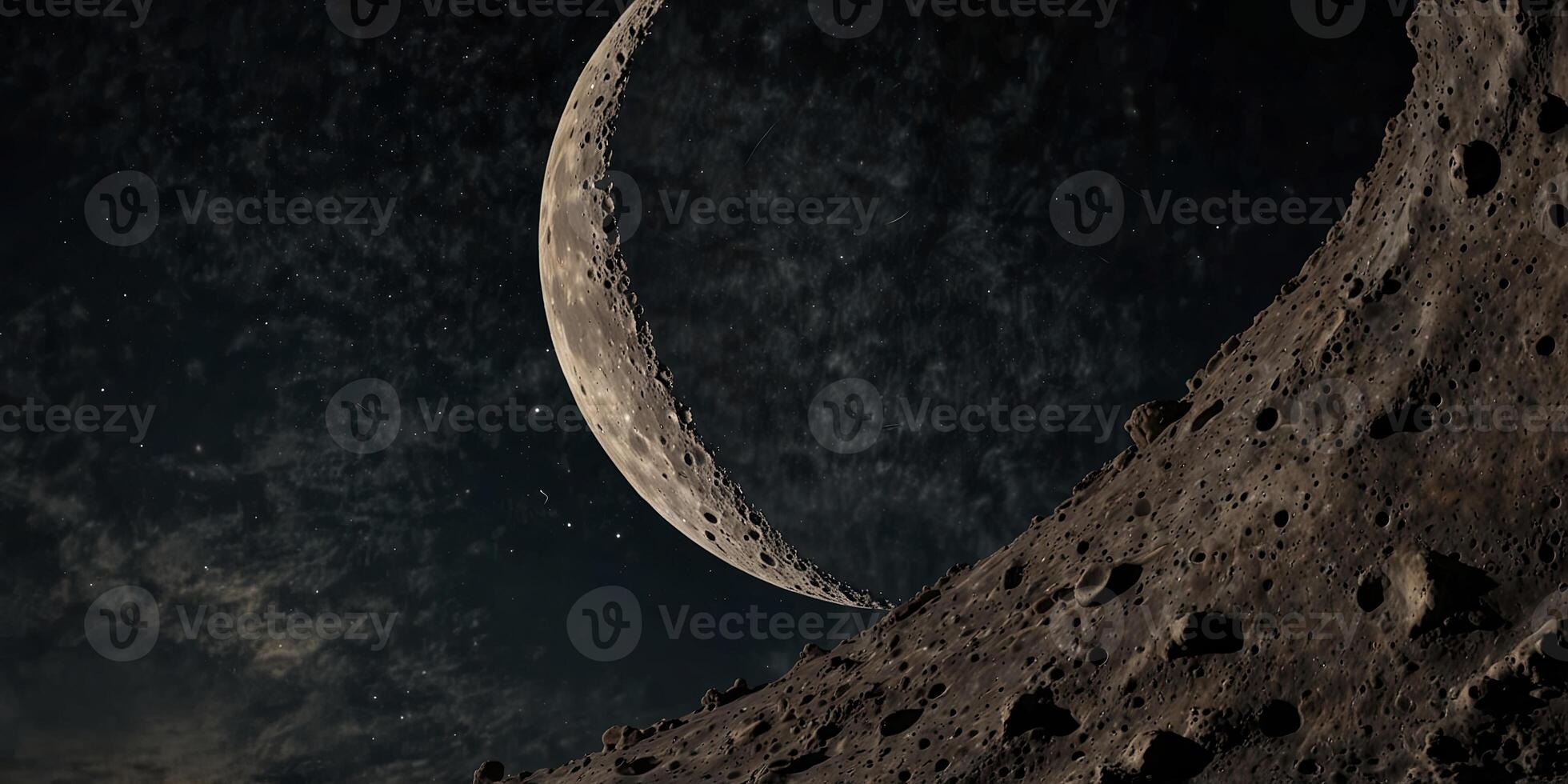 Visible craters on crescent moon with empty space on side. photo
