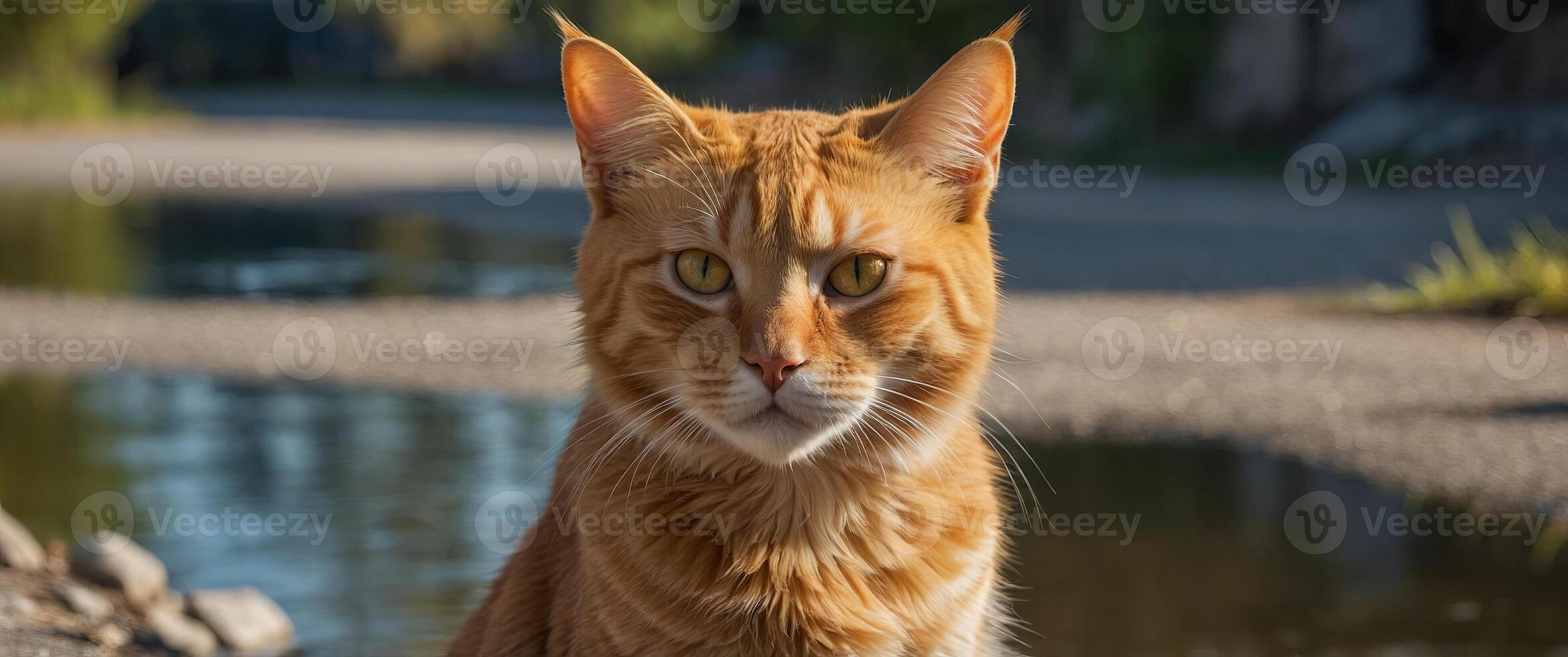 Beautiful yellow or orange healthy domestic feline cat, animal standing outside or outdoors on the road on a sunny day and looking at her reflection in the water. photo