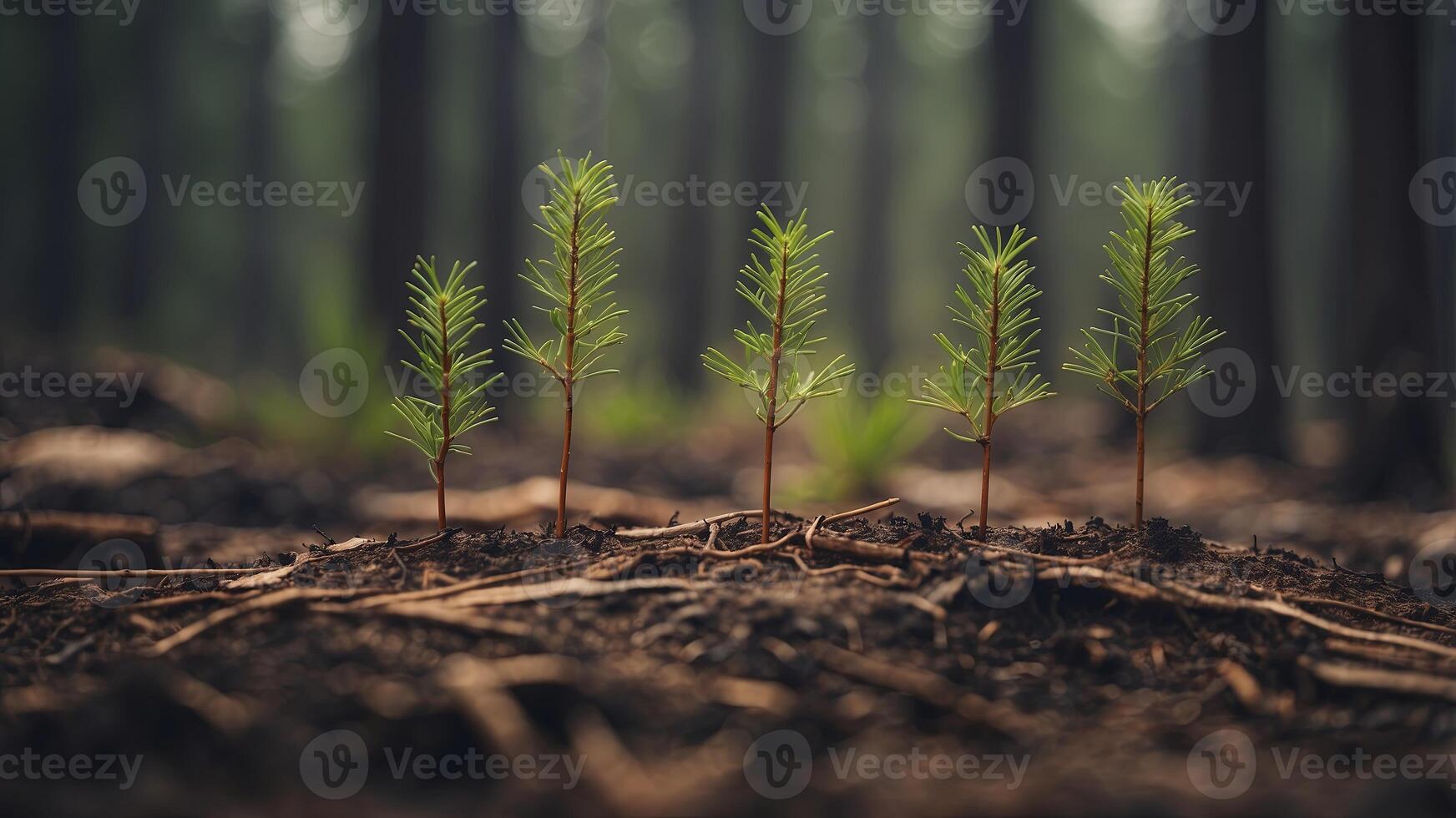 Young pine seedlings growing in a forest recovering from wildfire. photo