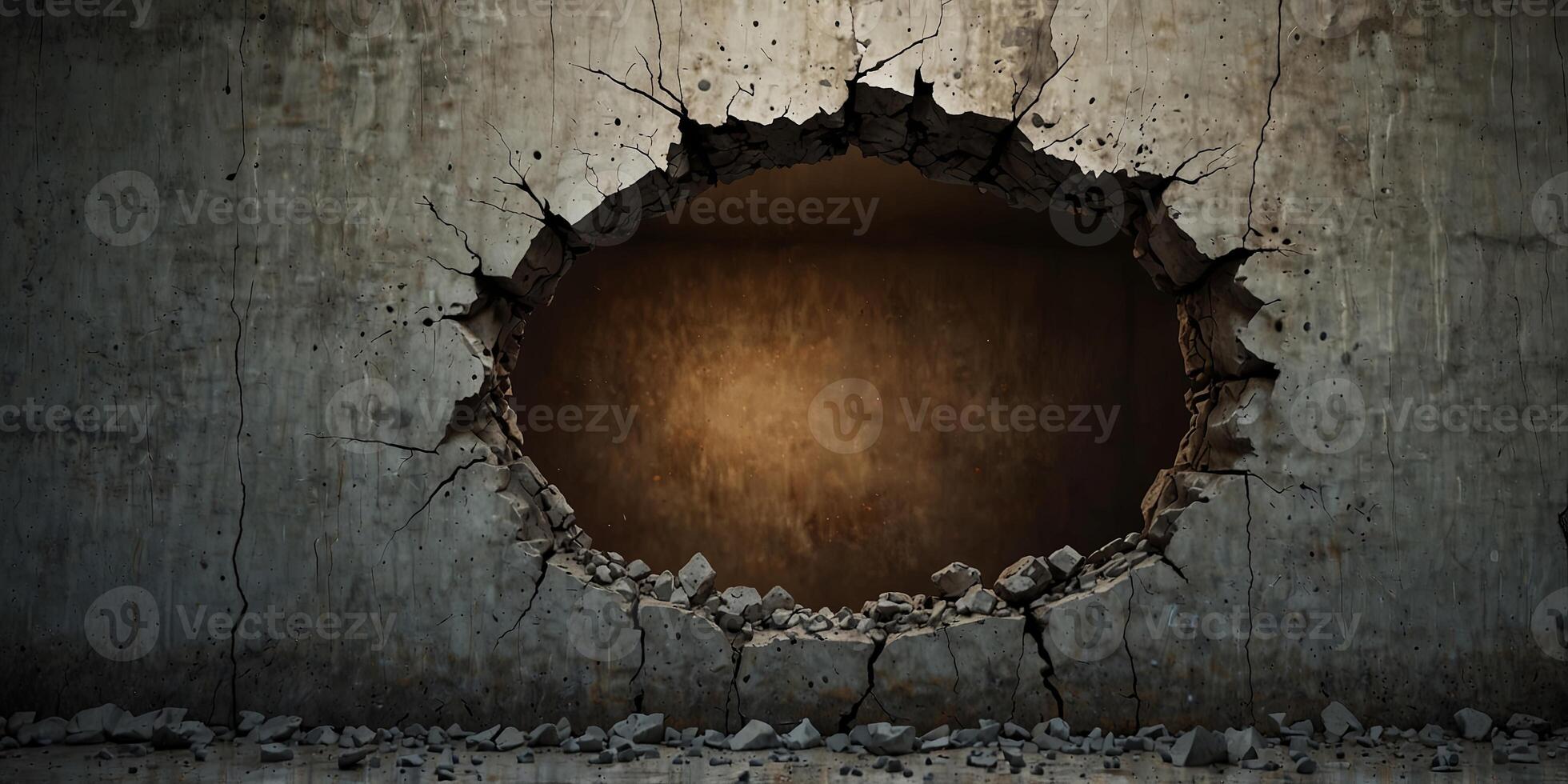 Wall with large hole surrounded by cracks, abstract destruction concept. photo