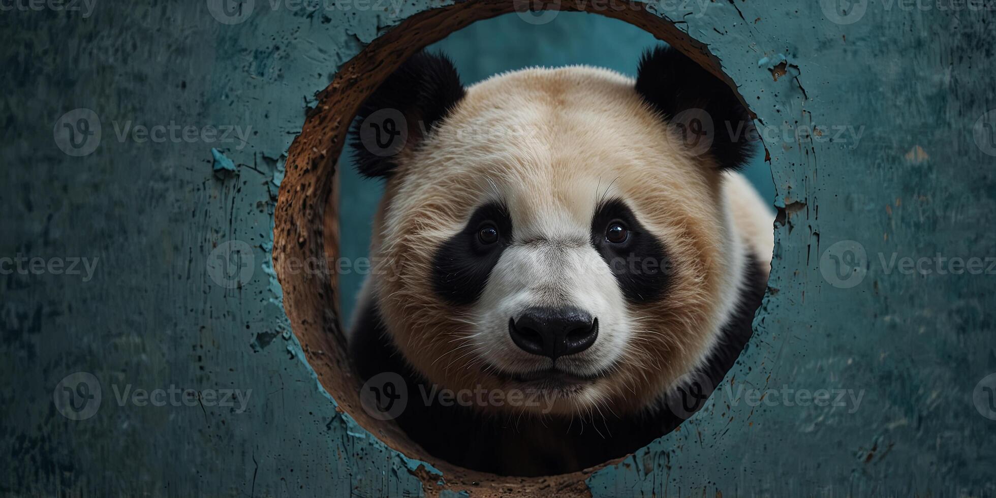 Panda face in a circular hole on a blue background, close-up Wildlife and art concept. photo