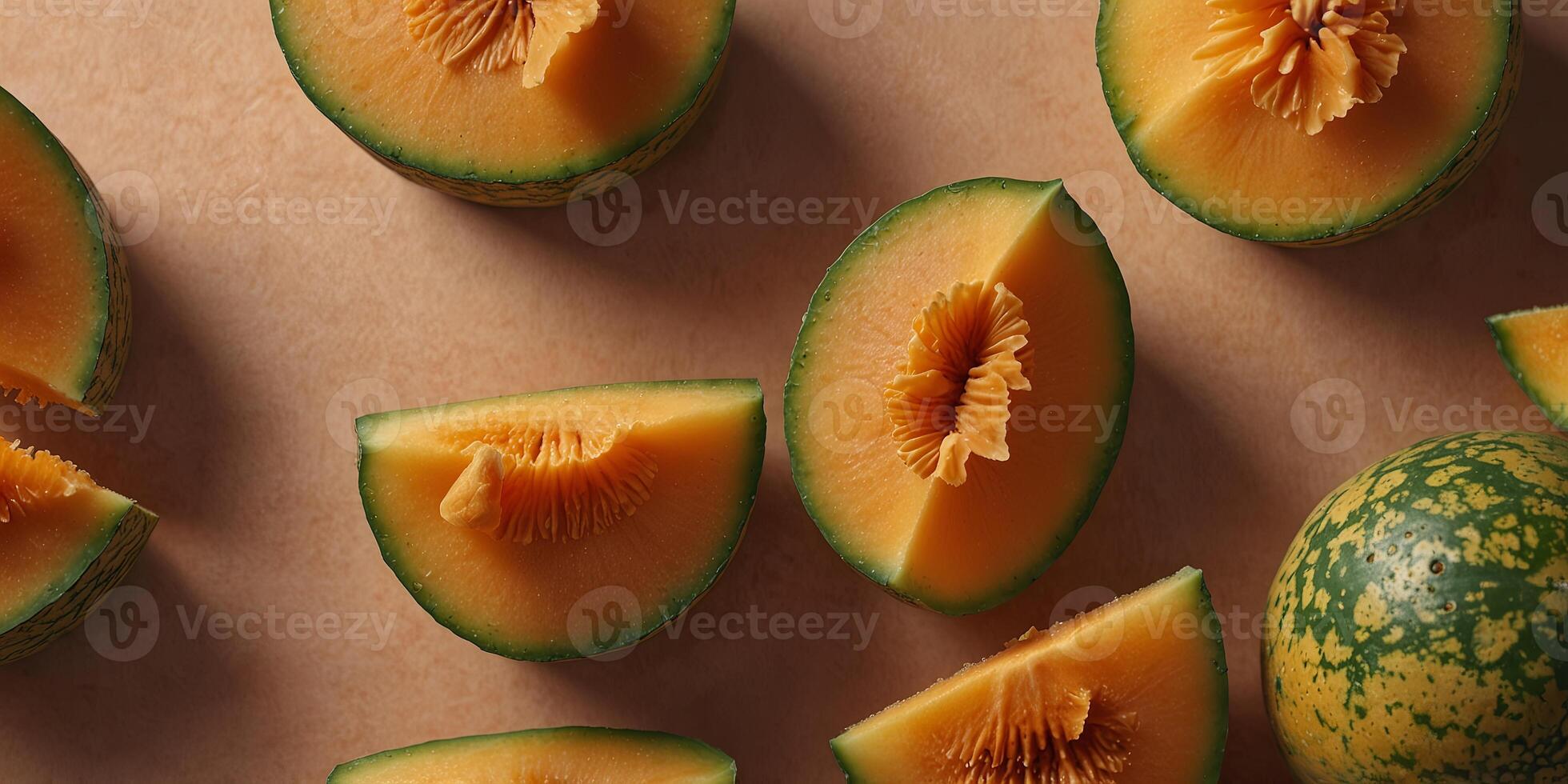 Slices of fresh cantaloupe melon on peach background, top view Healthy eating and summer fruit concept. photo