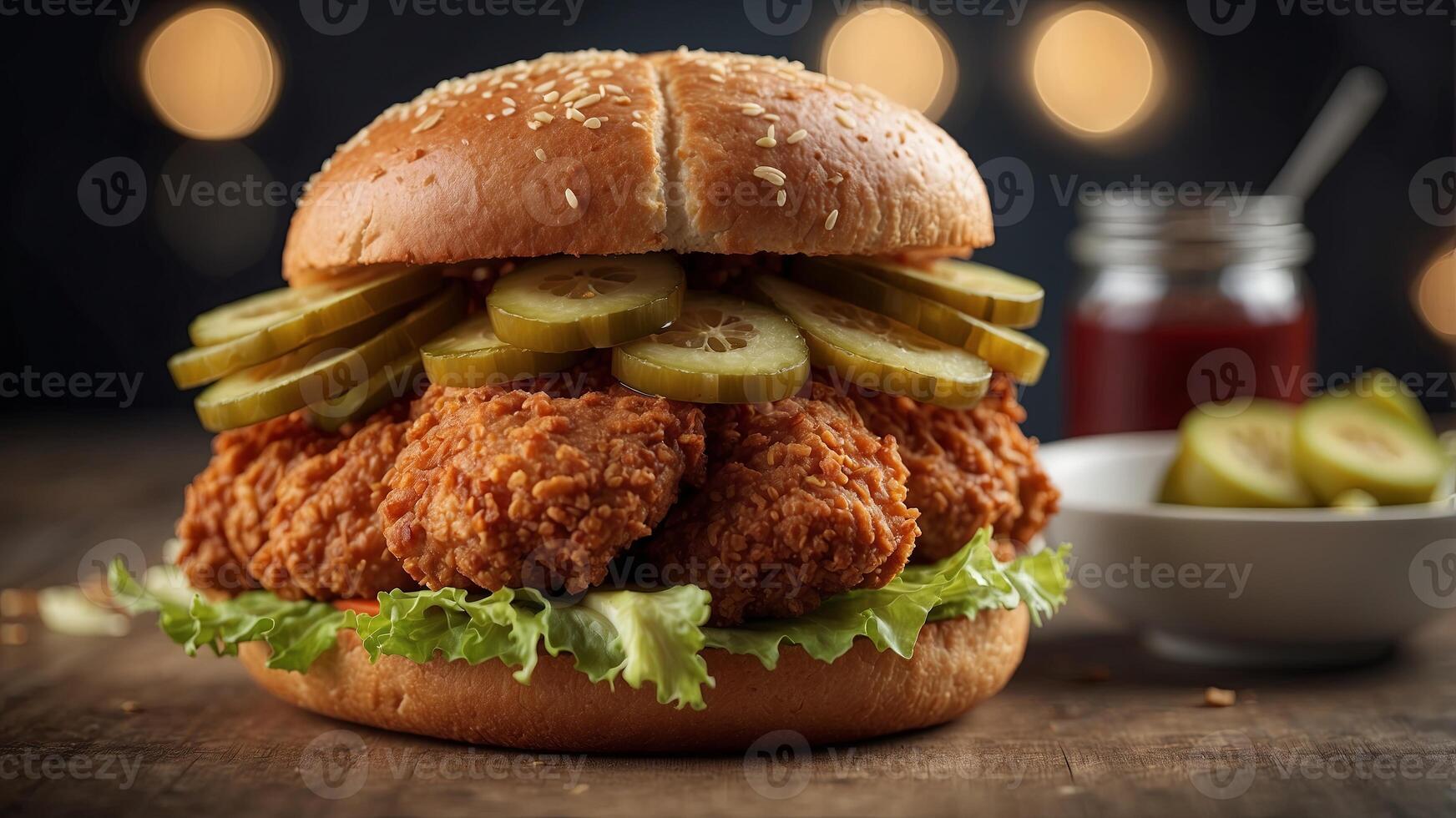 Giant crispy fried chicken sandwich with pickles. photo