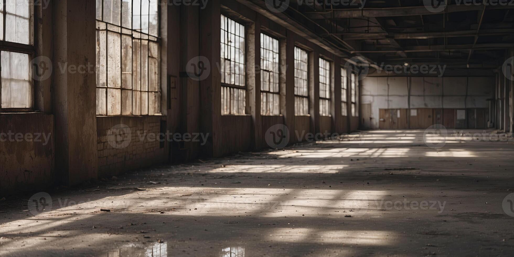 Interior of an abandoned factory with dirty rusty walls and copy space. photo