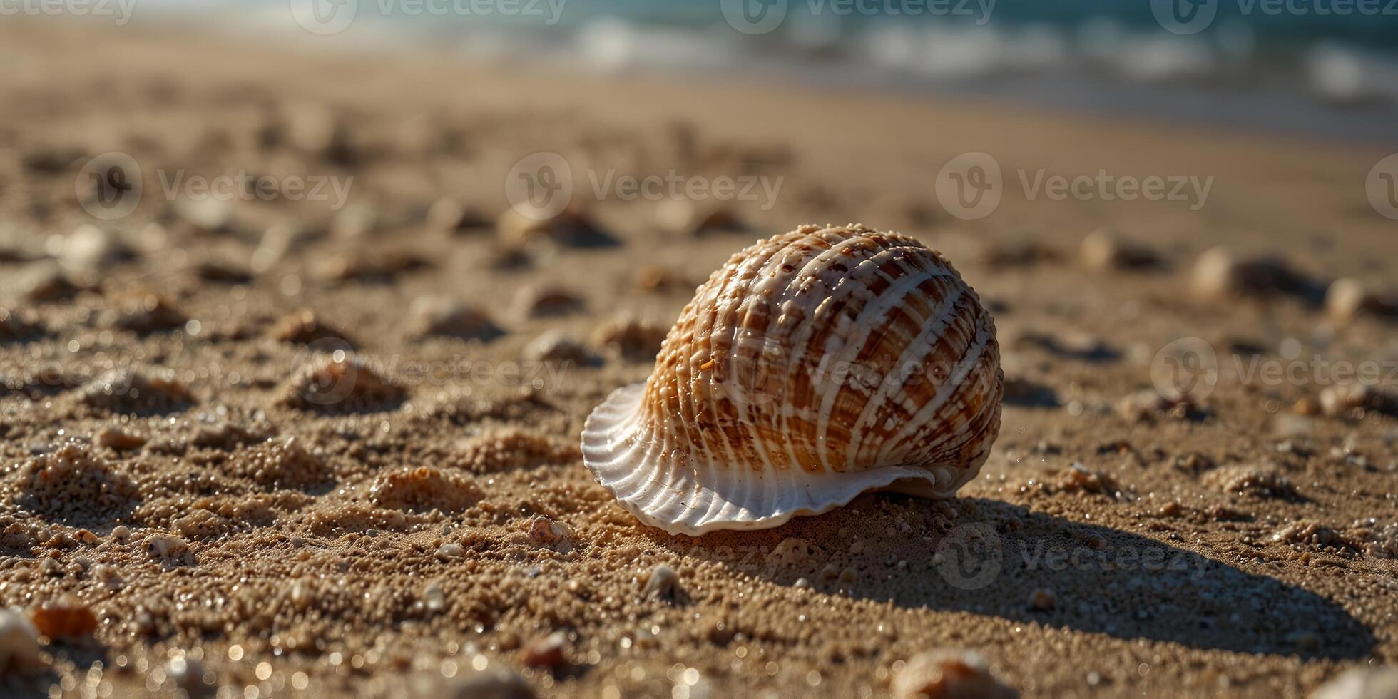 Sea shell on sandy surface under sunlight, beach concept. photo